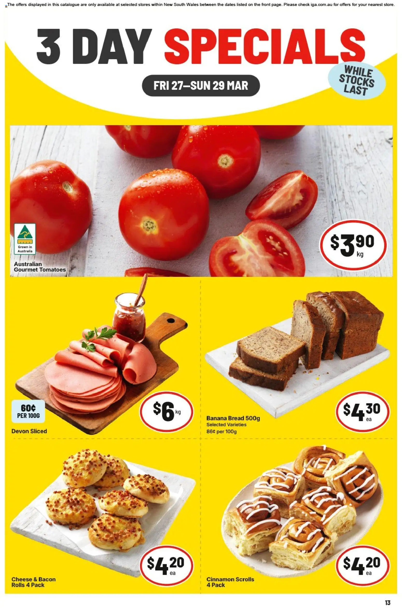 IGA catalogue - valid from 27.03.2026 | Page: 1 | Products: Bacon, Cheese, Bread, Tomatoes
