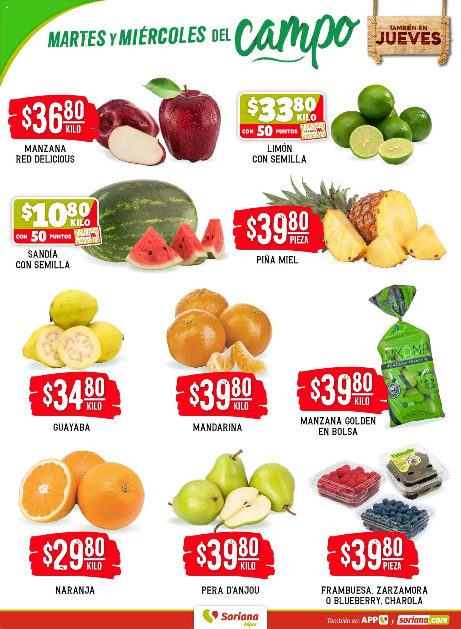 Nuevas ofertas de Soriana válidas en toda la República Mexicana desde el 31.03.2026. ¡Encuentra las mejores ofertas en Soriana Martes y Miércoles del Campo Híper: Saltillo y Torreón! | Página: 2 | Productos: Sandía, Bolsa, Manzana, Limón