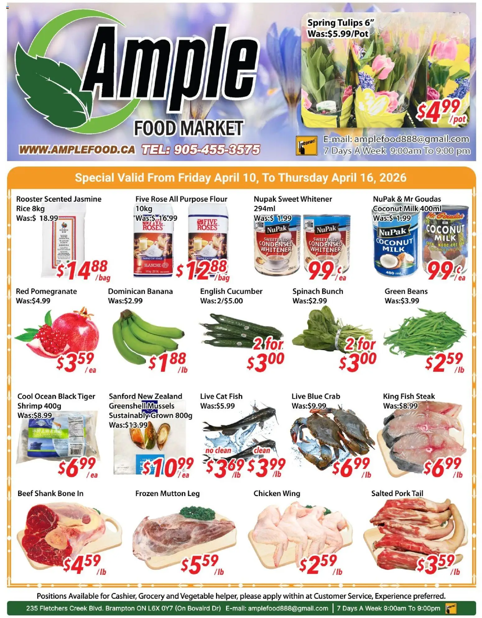 Ample Food Market flyer valid from 10.04.2026 | Page: 1 | Products: Rice, Fish, Beef, Milk
