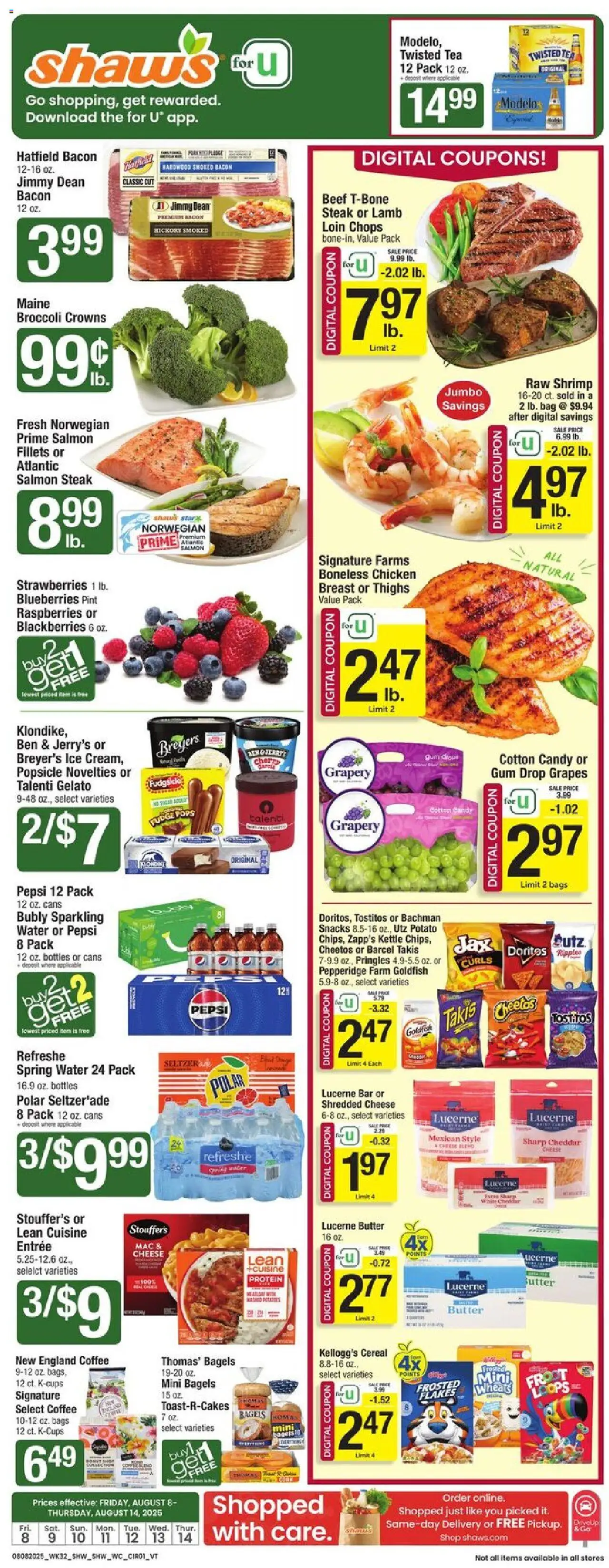 Shaw's Weekly Ad - VT - valid from 08.08.2025 | Page: 3 | Products: Cheese, Strawberries, Grapes, Bag