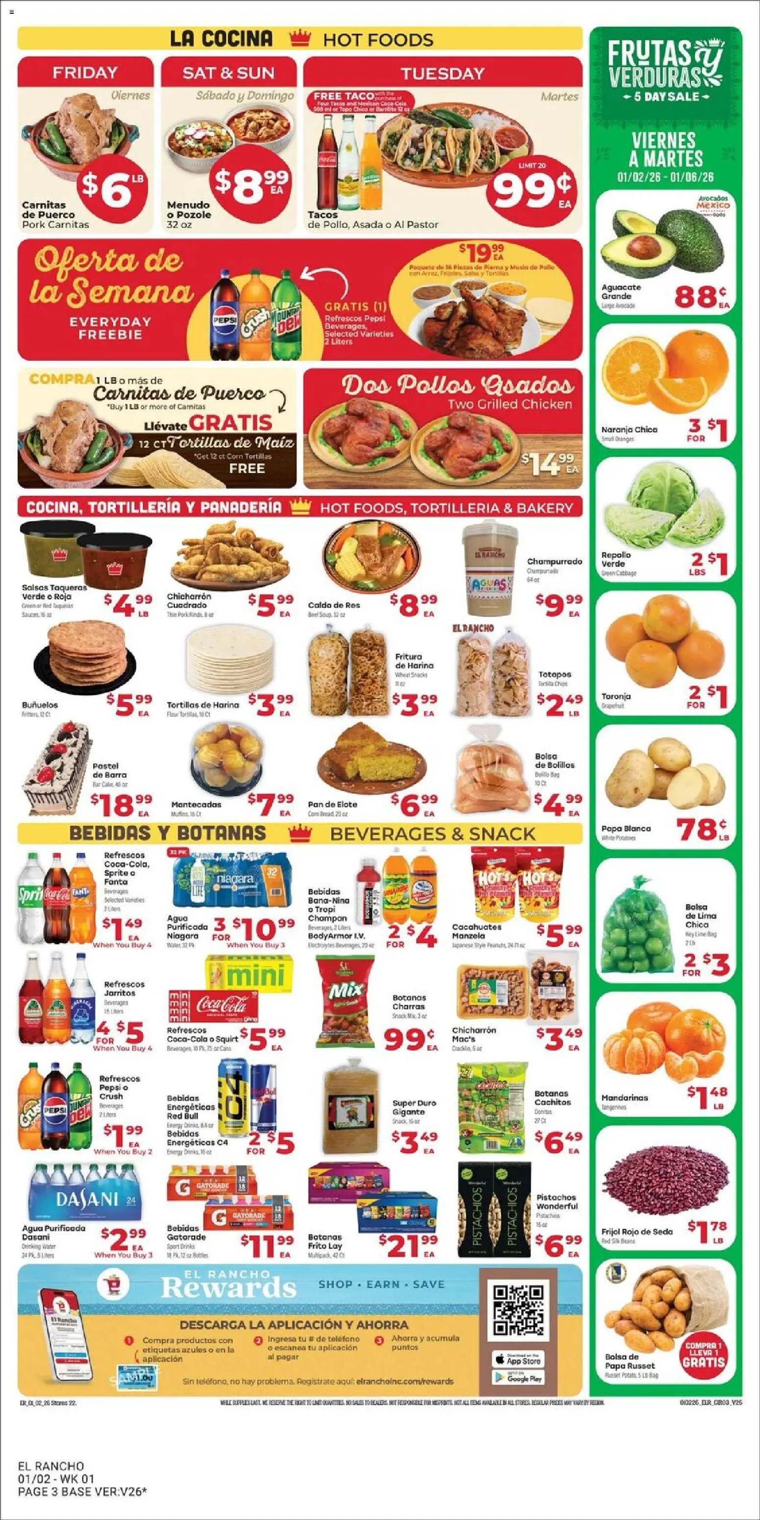 El Rancho Weekly Ad - valid from 02.01.2026 | Page: 3 | Products: Pan, Oranges, Cabbage, Lime