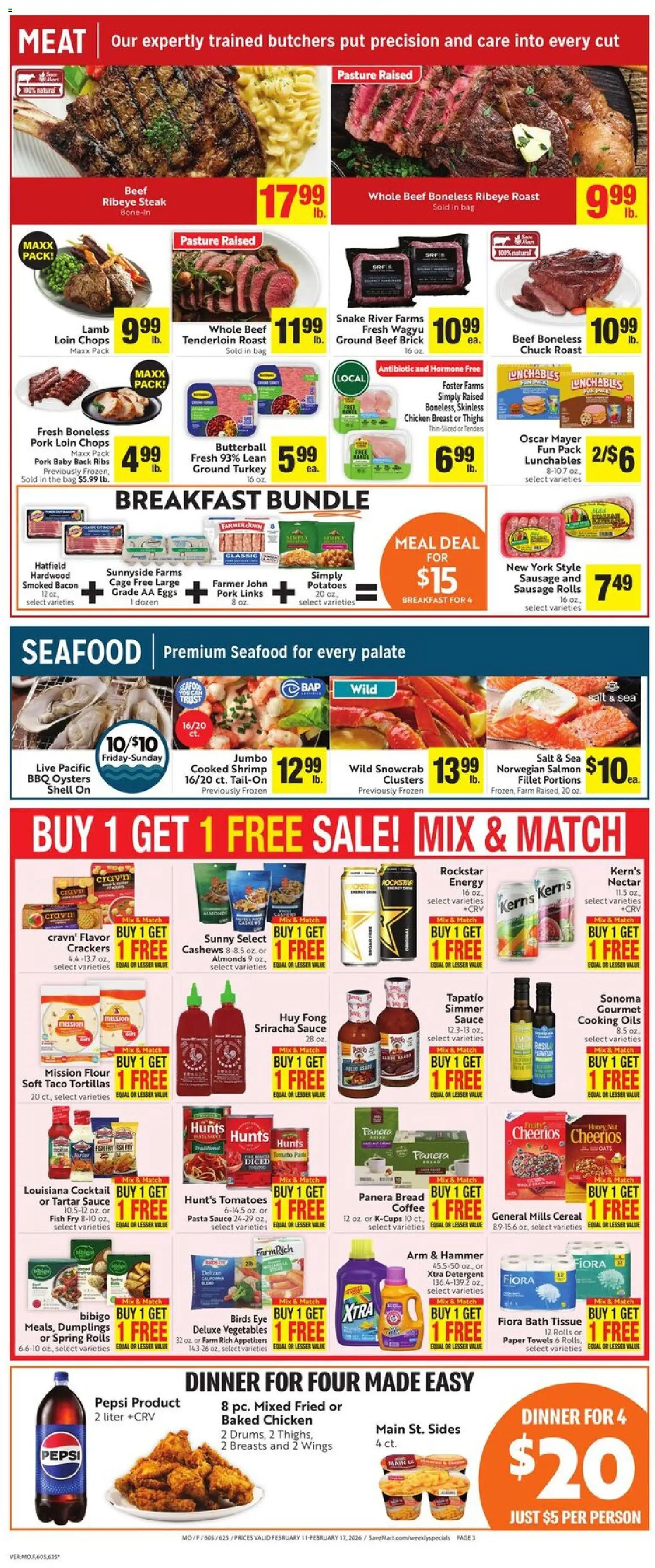 Save Mart Weekly Ad - valid from 11.02.2026 | Page: 3 | Products: Detergent, Pasta, Potatoes, Sausage