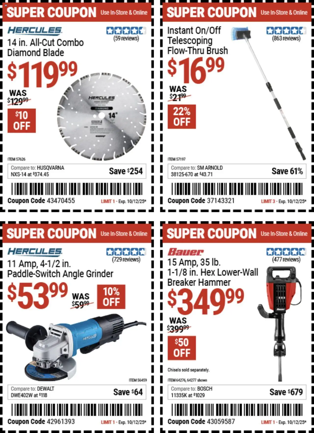 Harbor Freight Coupon Deals - valid from 29.09.2025 | Page: 3 | Products: Brush, Angle Grinder, Hammer, Grinder