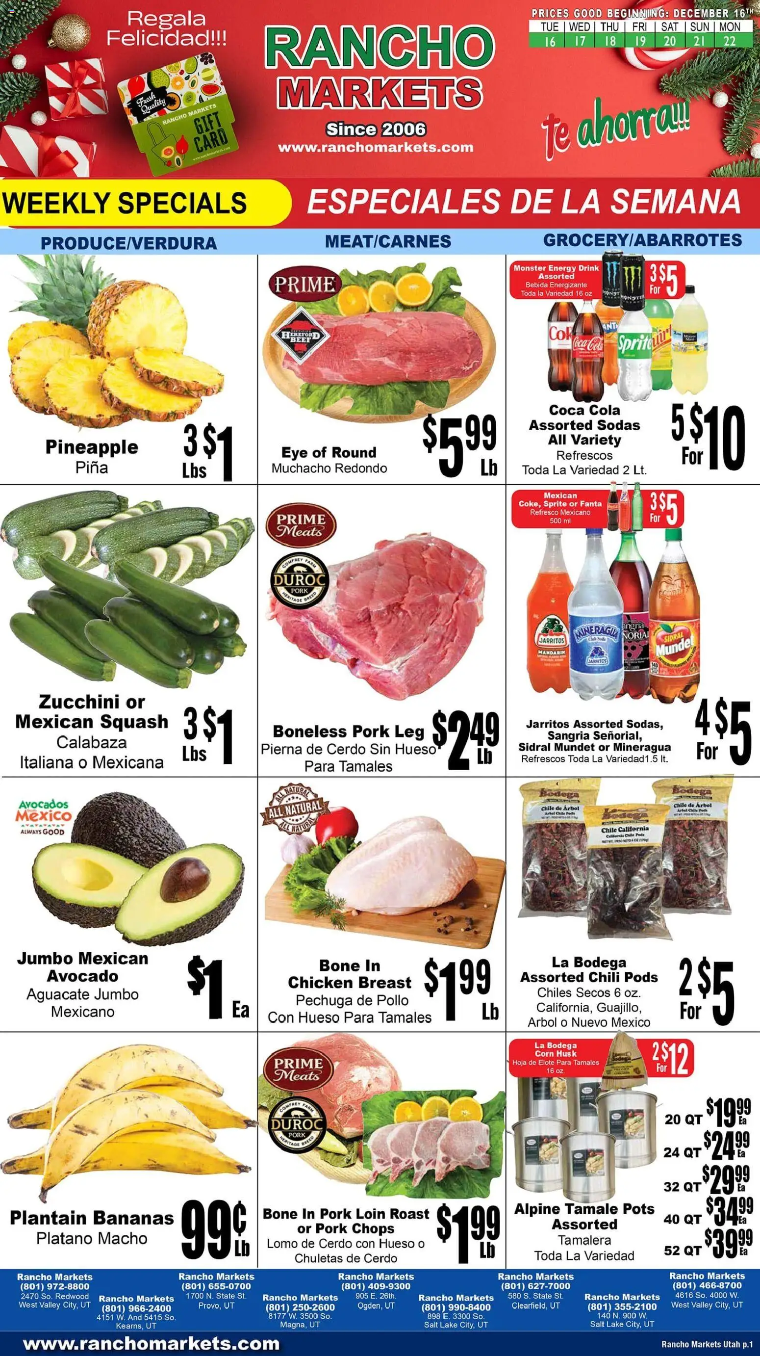 Rancho Markets Weekly Ad - valid from 16.12.2025 | Page: 1 | Products: Corn, Pork, Pineapple, Avocado