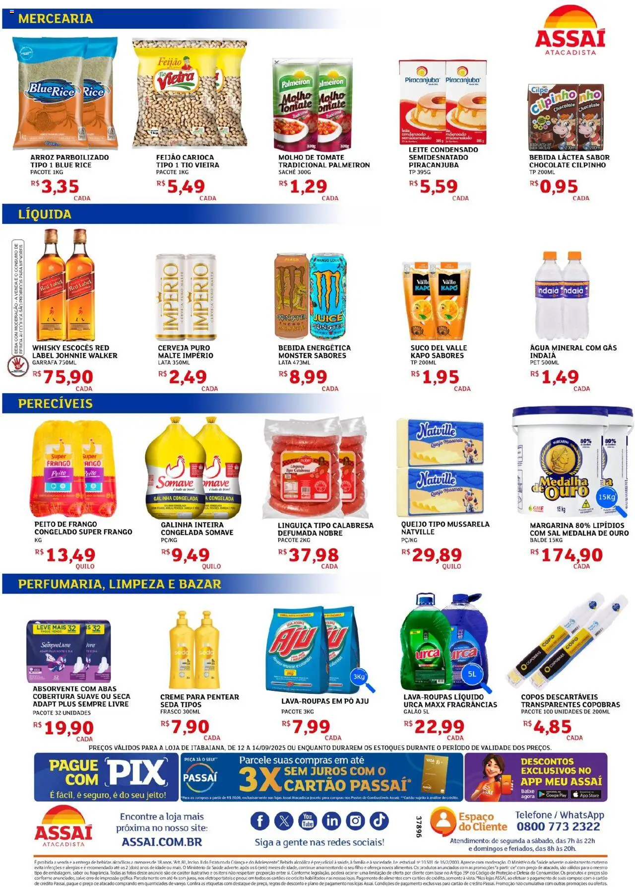 Assaí Atacadista Folheto - válido de 12.09.2025 | Página: 2 | Produtos: Linguiça, Arroz, Aveia, Frango