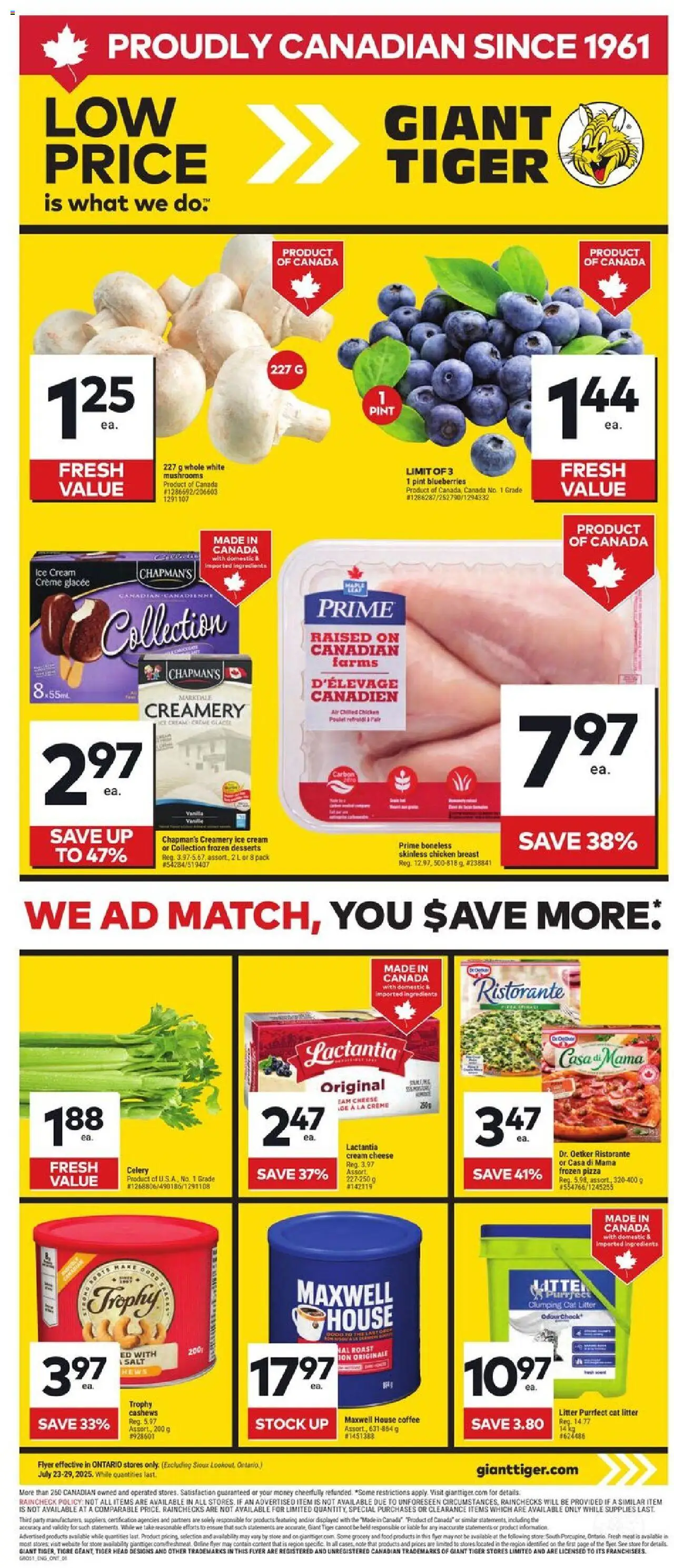 Giant Tiger flyer valid from 23.07.2025 | Page: 1 | Products: Cream, Cheese, Coffee, Chicken