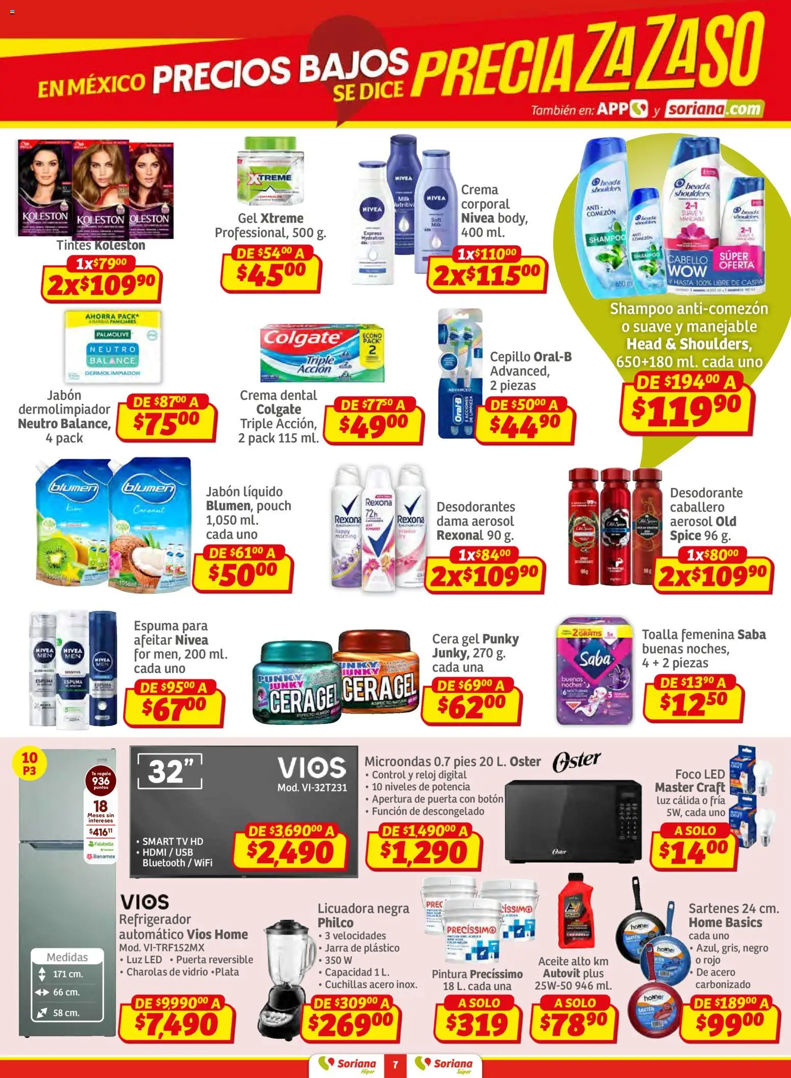 Nuevas ofertas de Soriana válidas en toda la República Mexicana desde el 15.01.2026. ¡Encuentra las mejores ofertas en Soriana - Preciazazaso Híper: Camp, Chia, Oax, Q. Roo, Tab, Yuc! | Página: 7 | Productos: Desodorante, Cera, Toalla, Microondas
