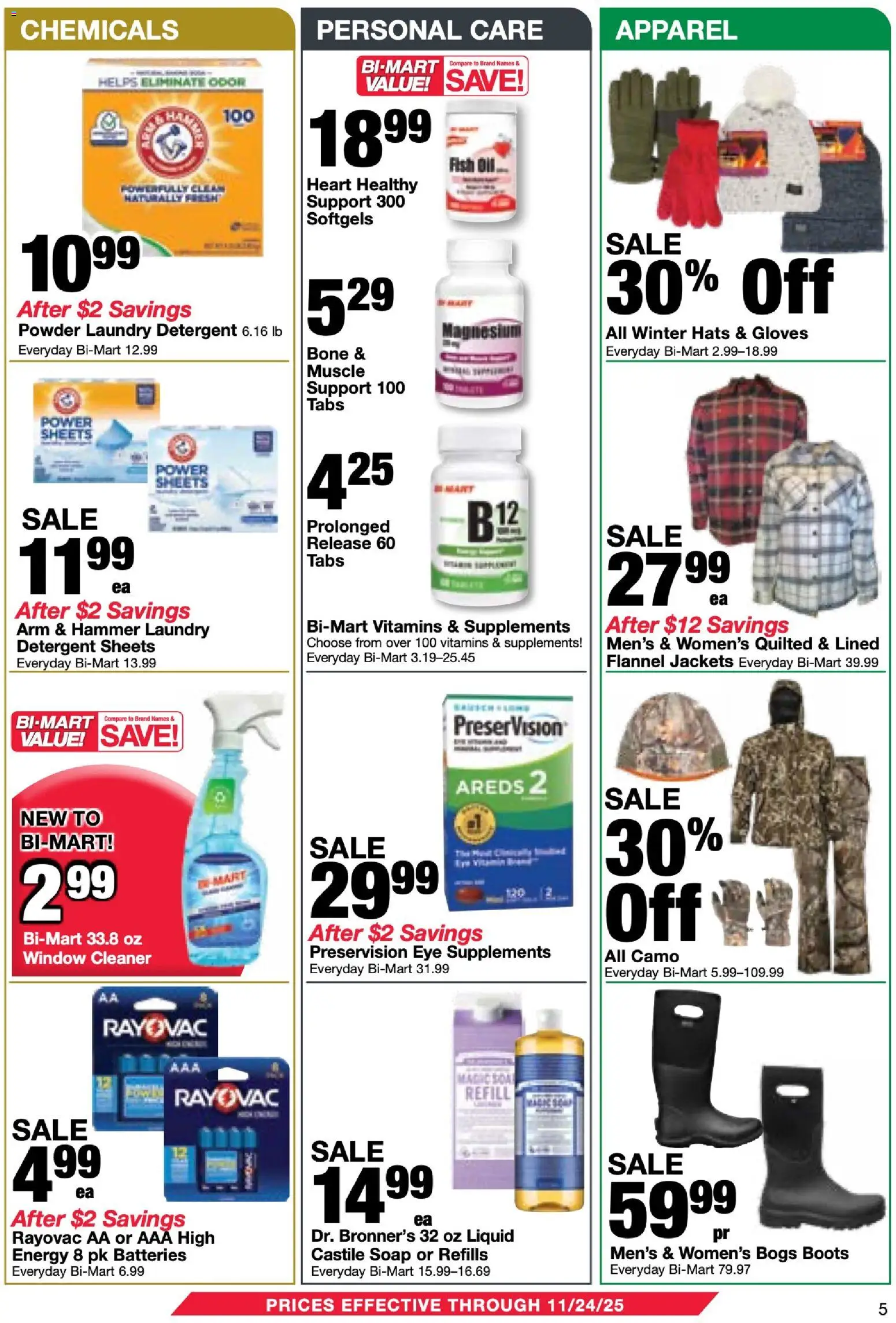 Bi-Mart Weekly Ad - valid from 11.11.2025 | Page: 5 | Products: Fish Oil, Soap, Detergent, Gloves