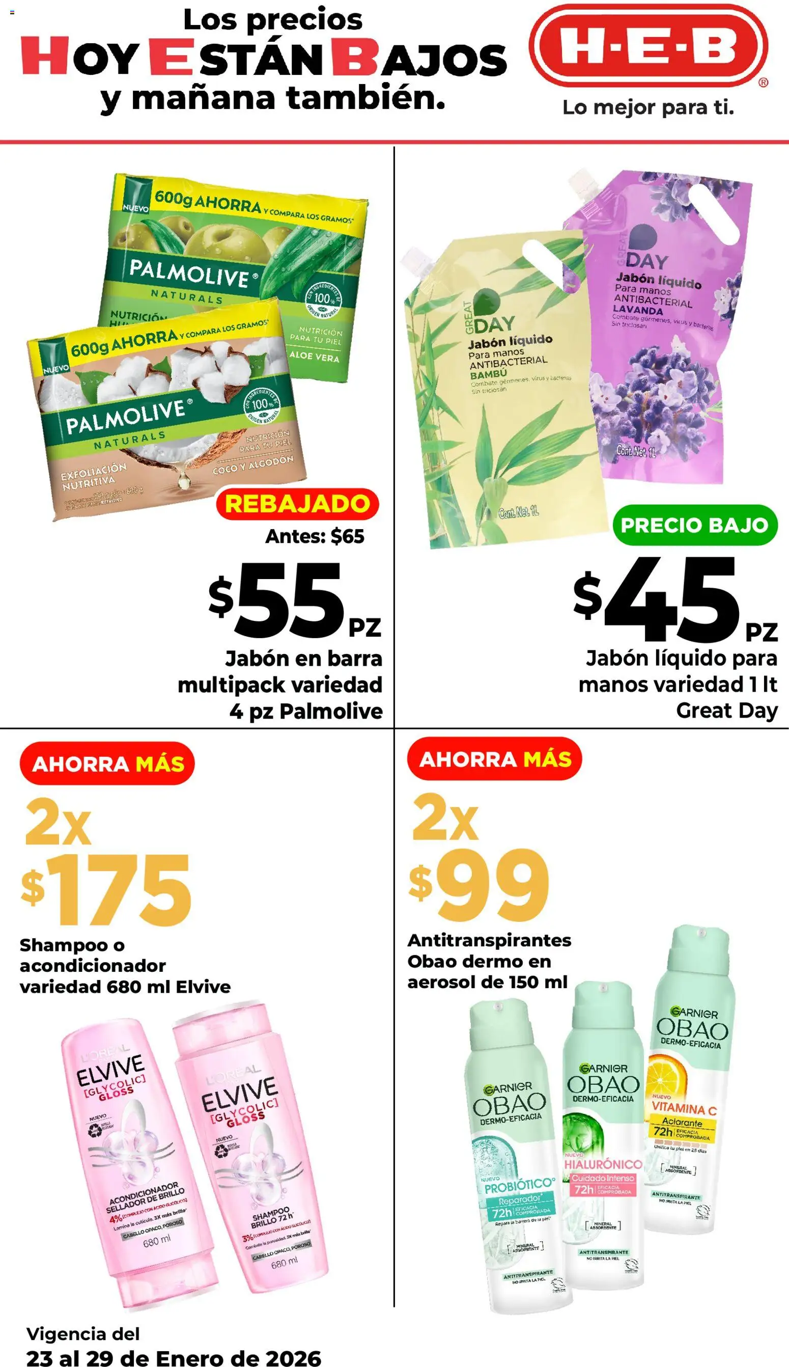 Nuevas ofertas de H-E-B válidas en toda la República Mexicana desde el 23.01.2026. ¡Encuentra las mejores ofertas en H-E-B folleto! | Página: 4 | Productos: Antitranspirante, Brillo, Algodón, Barra