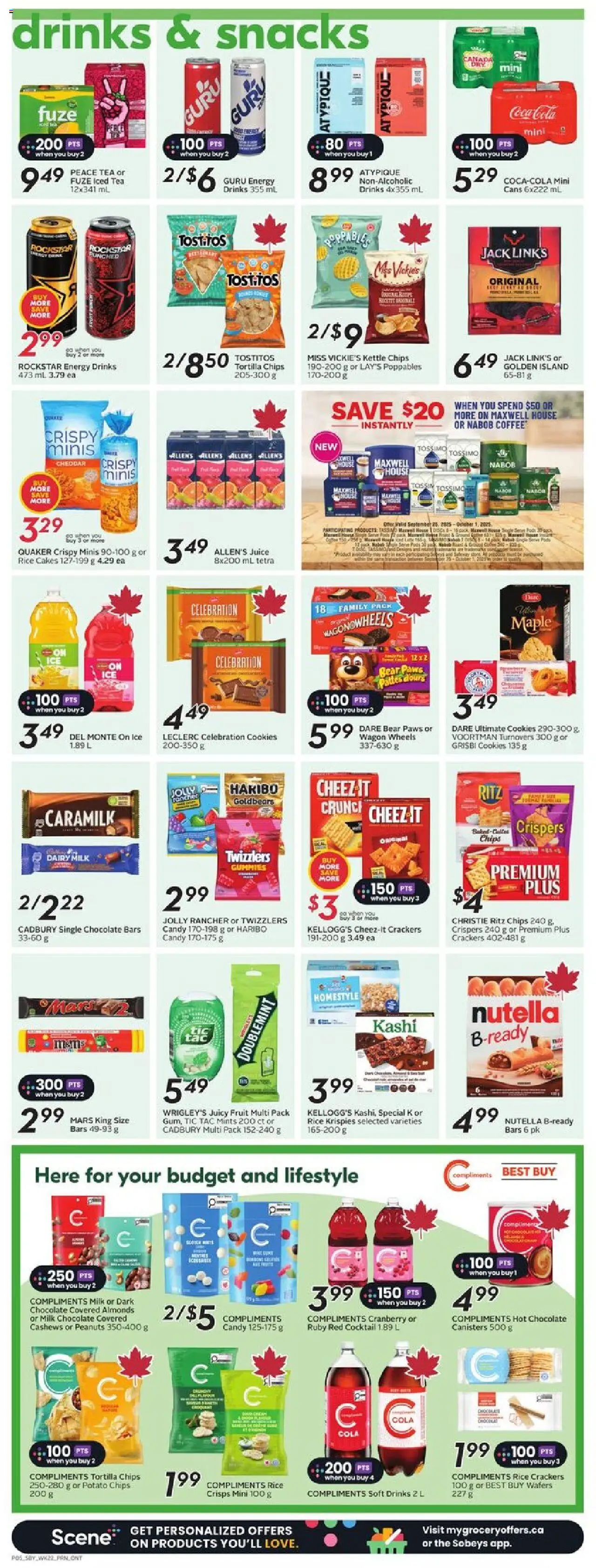 Sobeys flyer valid from 25.09.2025 | Page: 9 | Products: Tea, Milk, Coffee, Juice