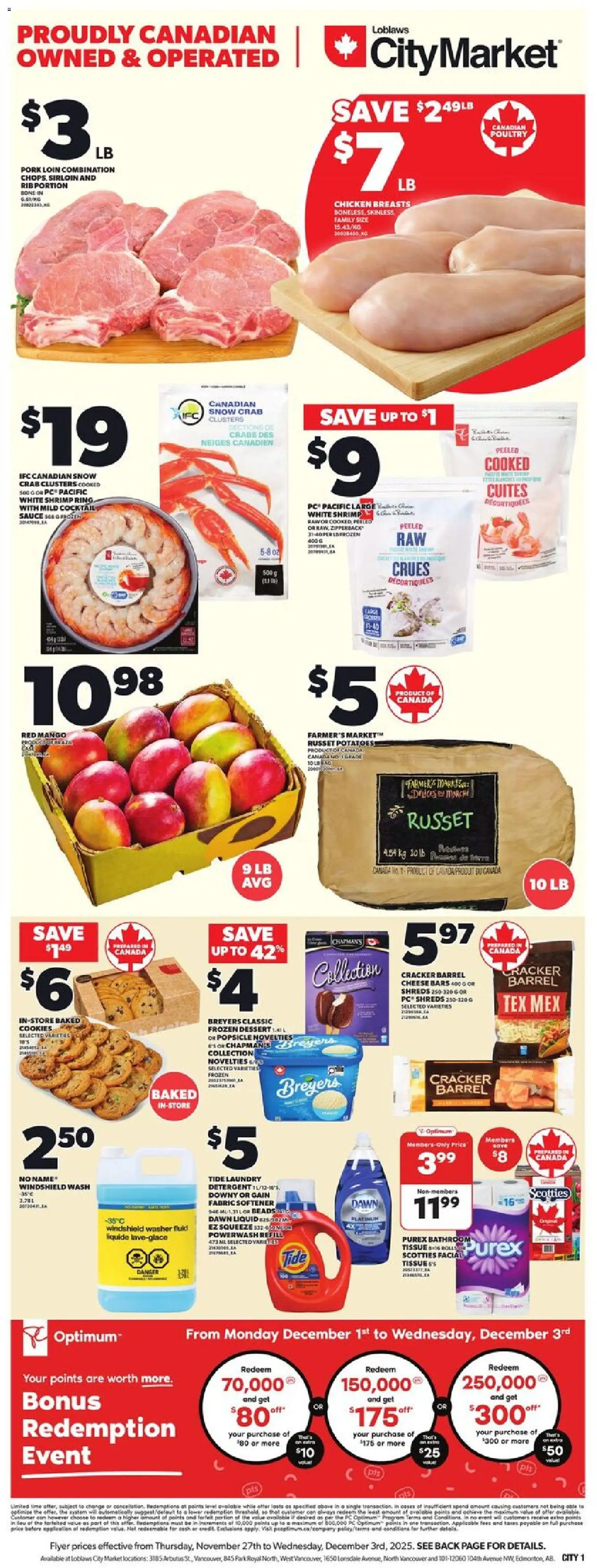 Loblaws flyer valid from 27.11.2025 | Page: 3 | Products: Potatoes, Fabric softener, Chicken, Pork