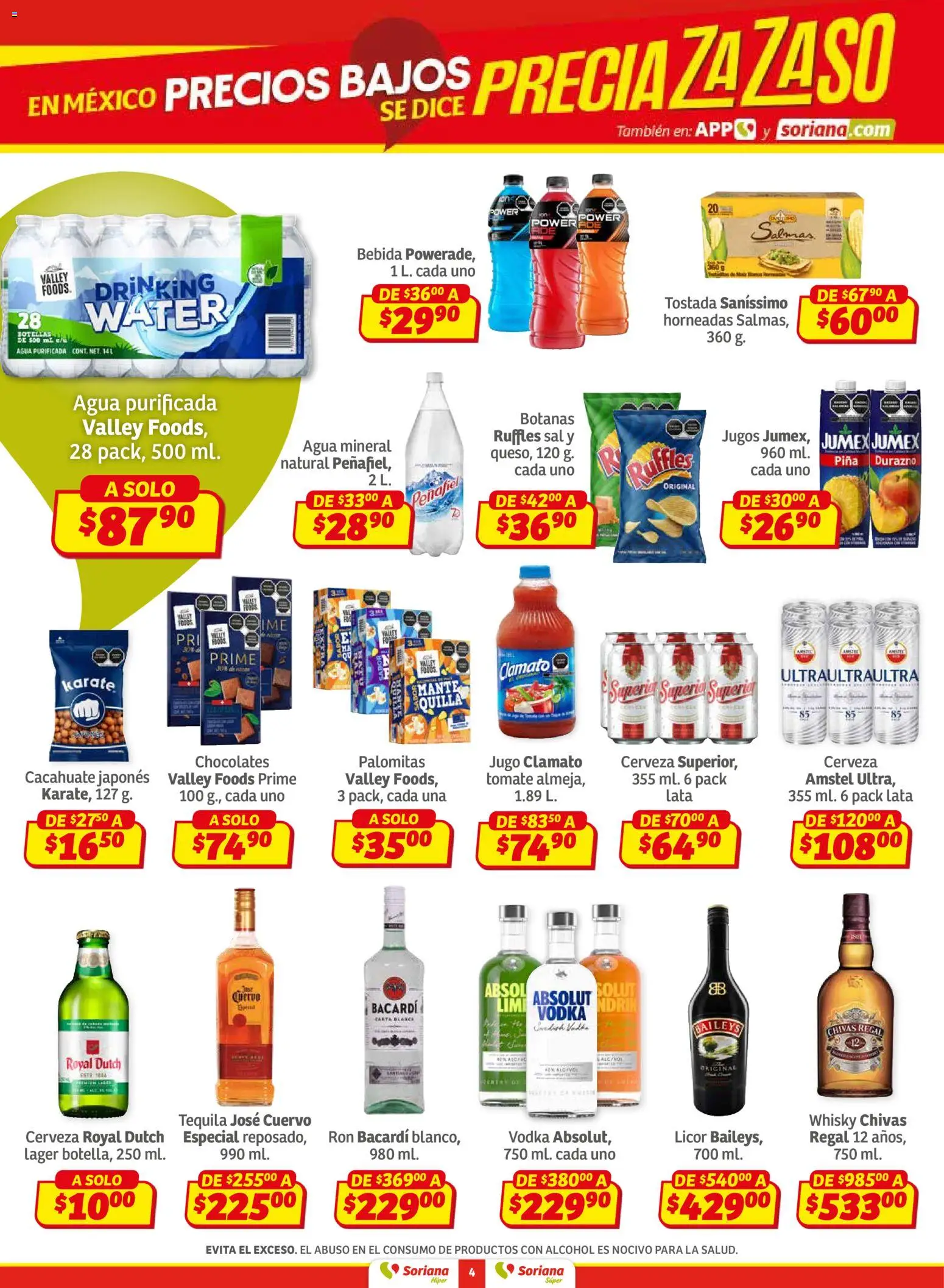 Nuevas ofertas de Soriana válidas en toda la República Mexicana desde el 30.01.2026. ¡Encuentra las mejores ofertas en Soriana - Preciazazaso Súper: Frontera Chia, Q. Roo! | Página: 4 | Productos: Sal, Agua, Piña, Whisky