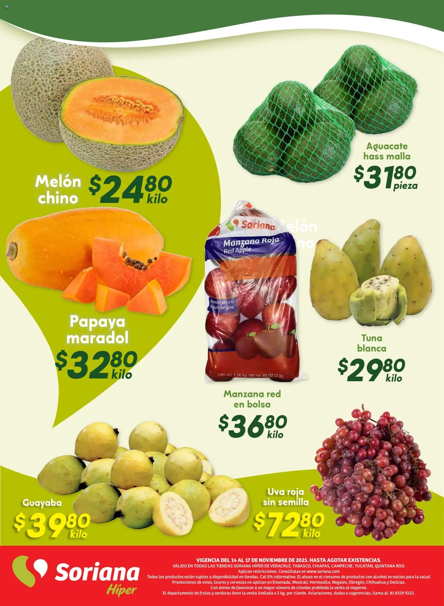 Nuevas ofertas de Soriana válidas en toda la República Mexicana desde el 15.11.2025. ¡Encuentra las mejores ofertas en Soriana - Ahorratón Híper: Ver, Tab, Chis, Camp, Yuc y Q. Roo! | Página: 8 | Productos: Melón, Manzana, Aguacate, Malla