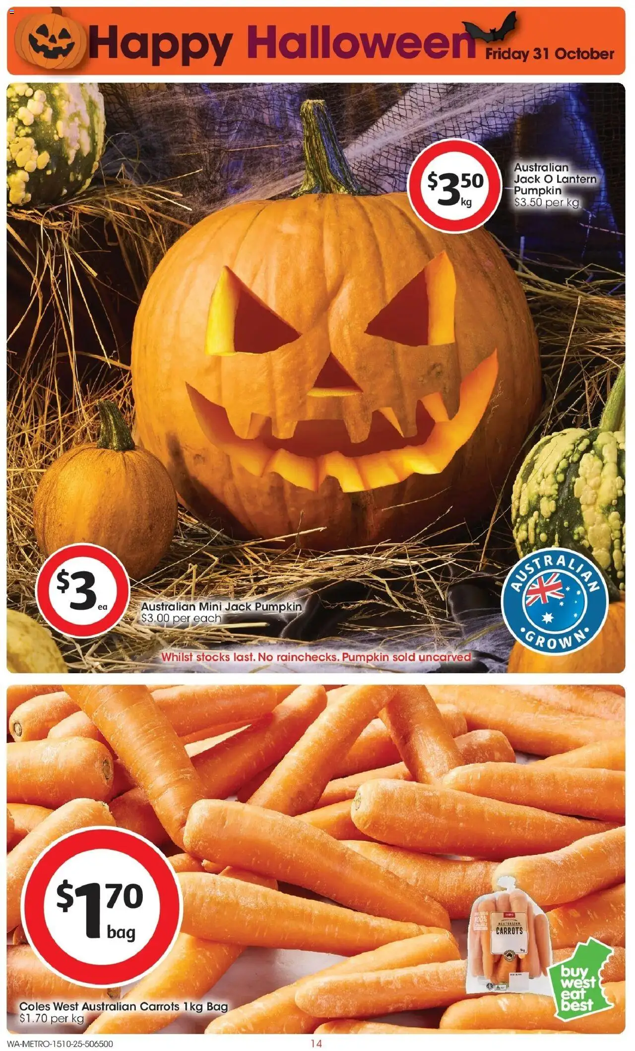 Coles catalogue - valid from 15.10.2025 | Page: 14 | Products: Carrots, Pumpkin, Bag