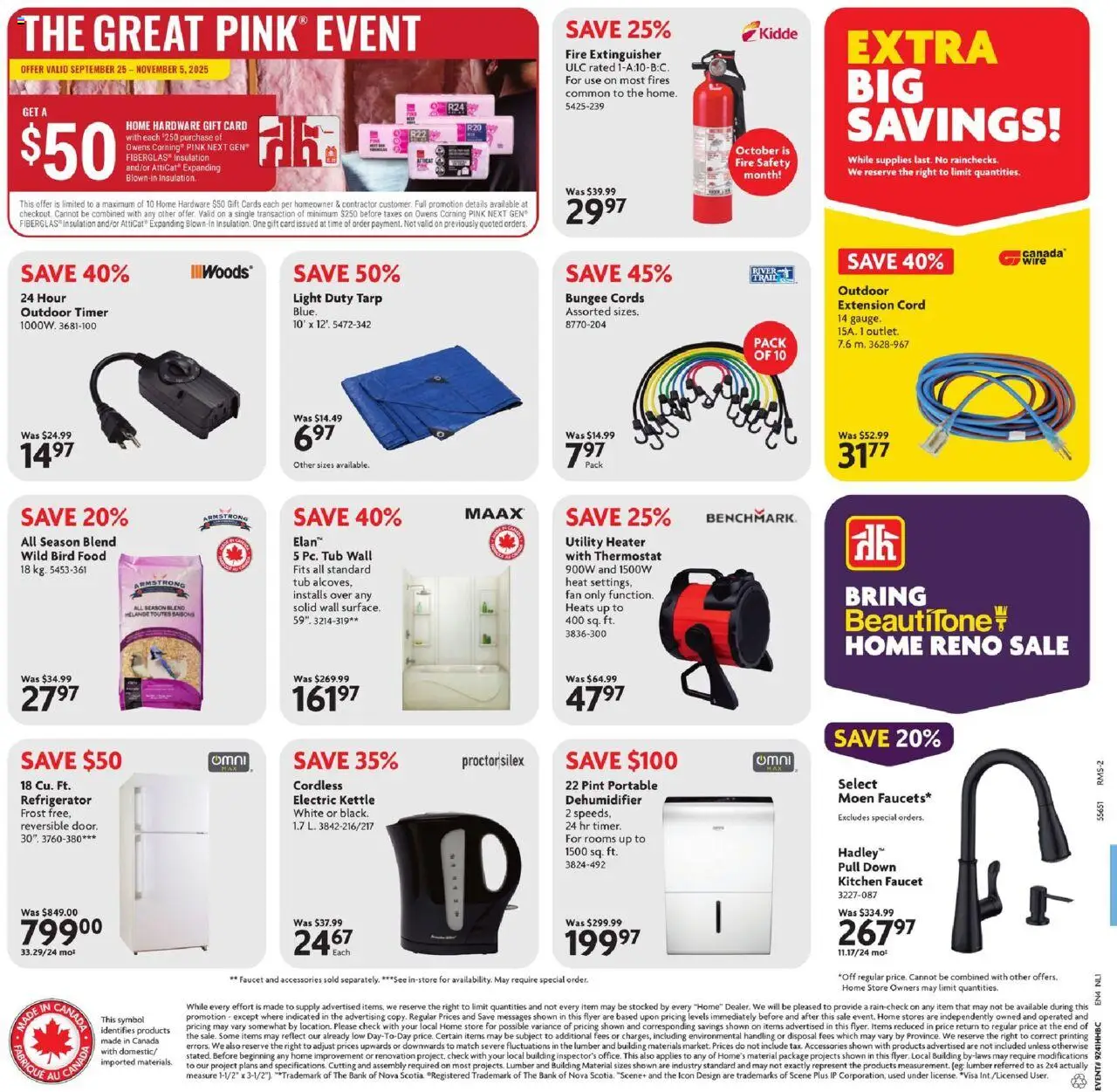 Home Hardware flyer valid from 09.10.2025 | Page: 2 | Products: Refrigerator, Kettle, Fan