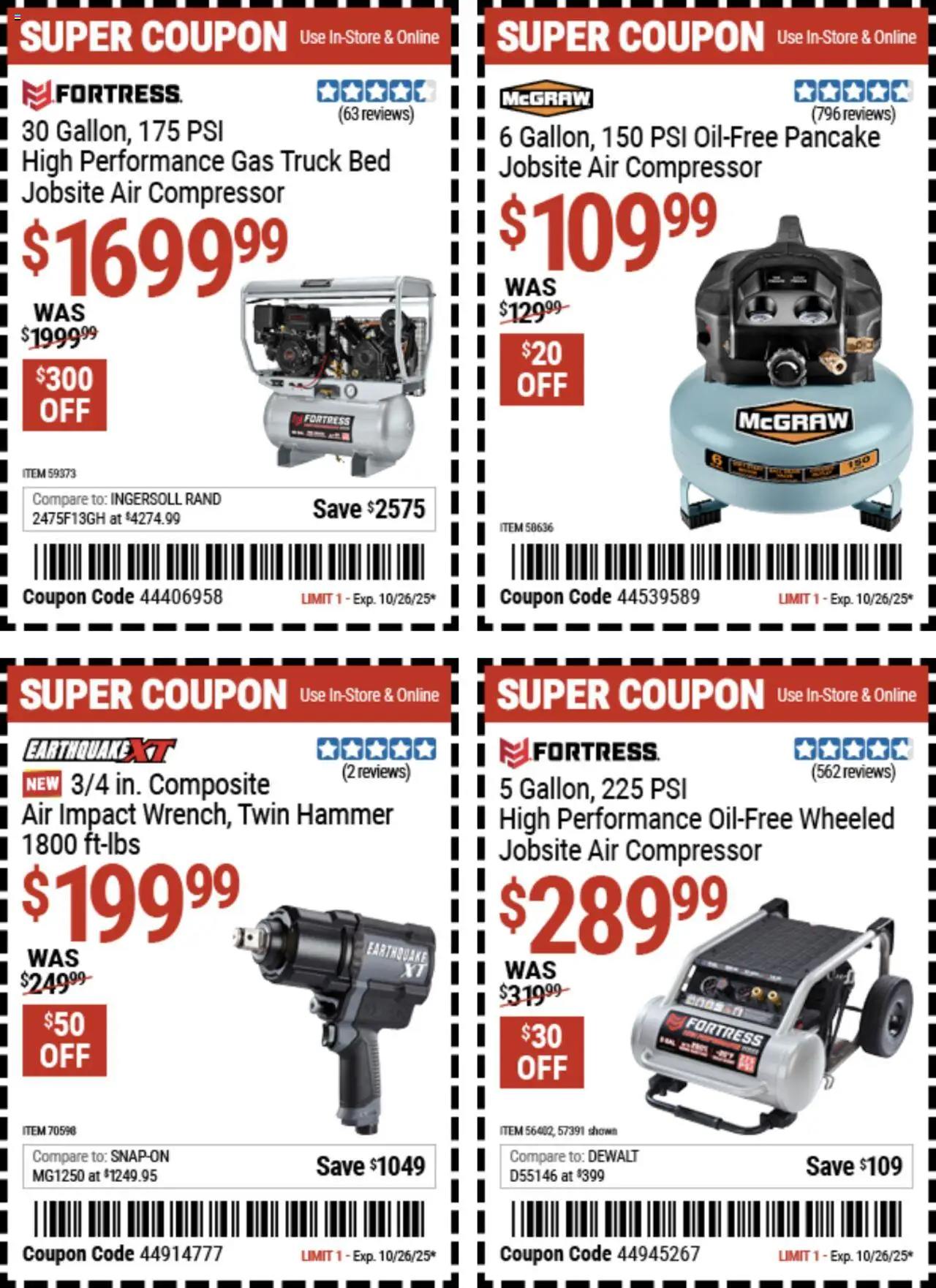 Harbor Freight Coupon Deals - valid from 13.10.2025 | Page: 2 | Products: Compressor, Bed, Hammer