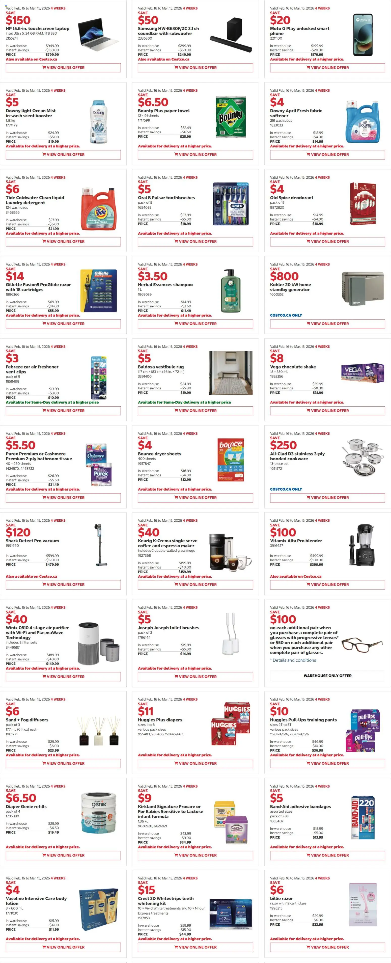 Costco flyer valid from 16.02.2026 | Page: 2 | Products: Deodorant, Detergent, Chocolate, Pants