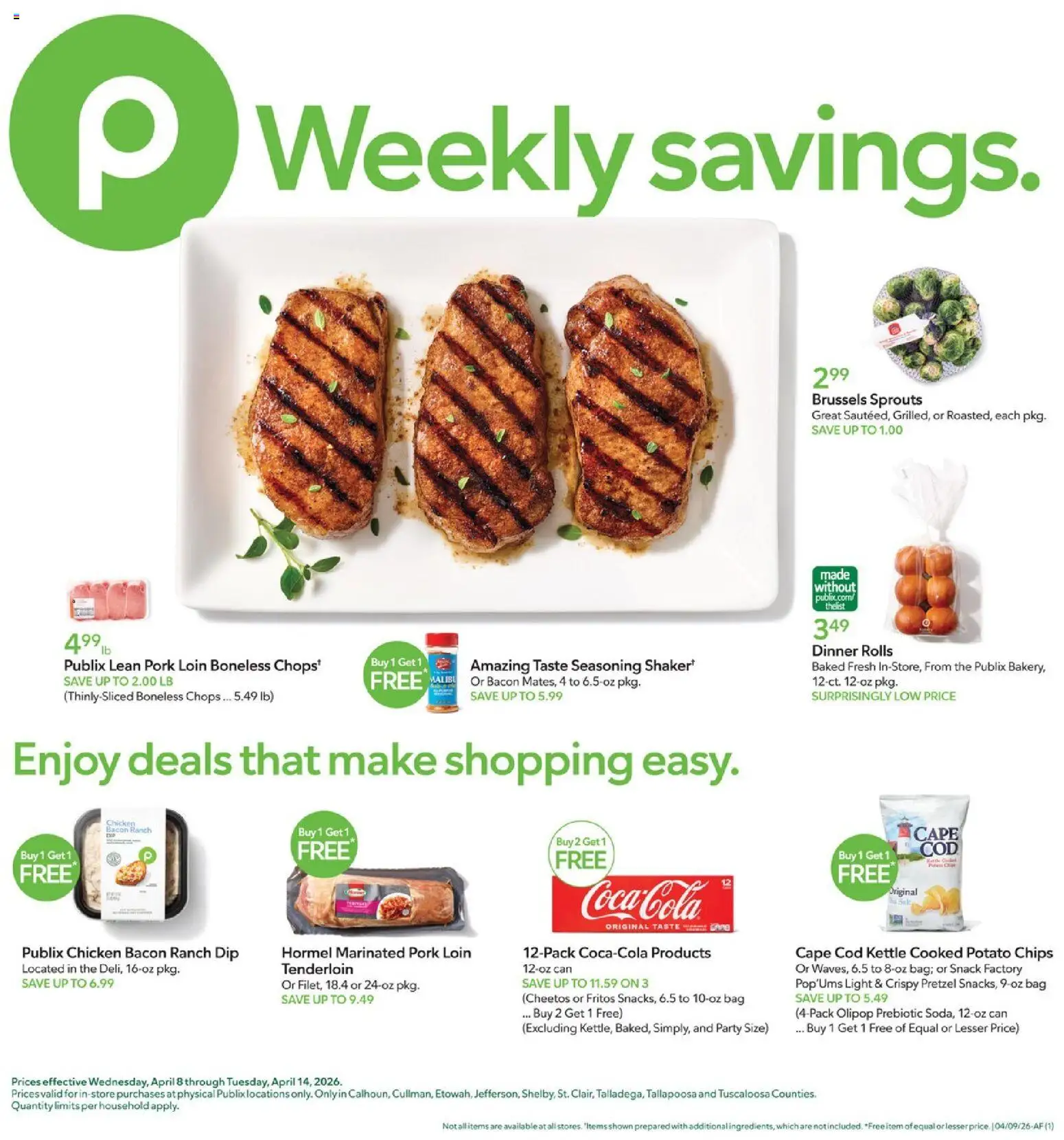 Publix Weekly Ad - valid from 08.04.2026 | Page: 1 | Products: Brussels Sprouts, Pork, Bag, Kettle