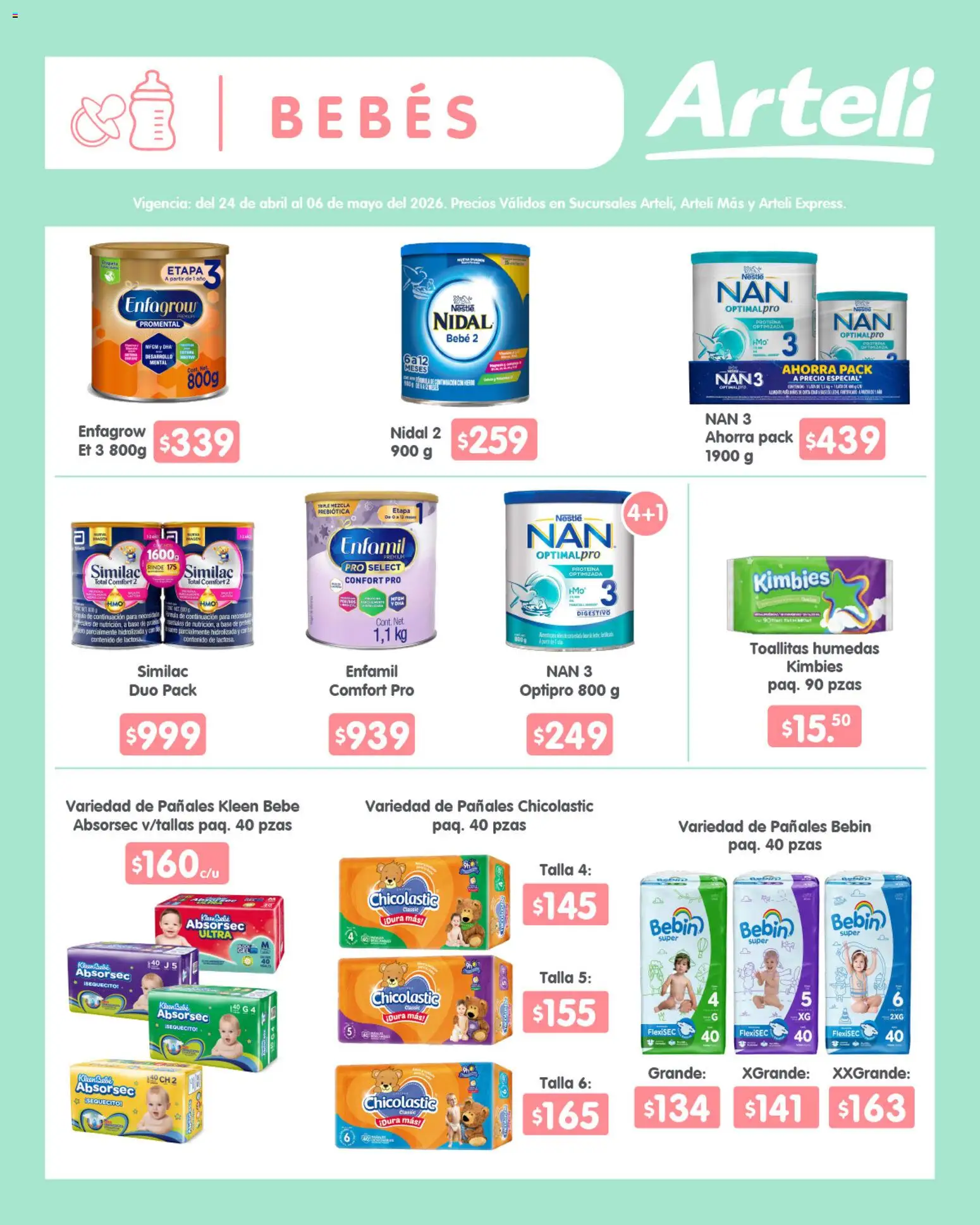 Nuevas ofertas de Arteli válidas en toda la República Mexicana desde el 24.04.2026. ¡Encuentra las mejores ofertas en Arteli folleto Quincenal! | Página: 12 | Productos: Toallitas húmedas, Pañales