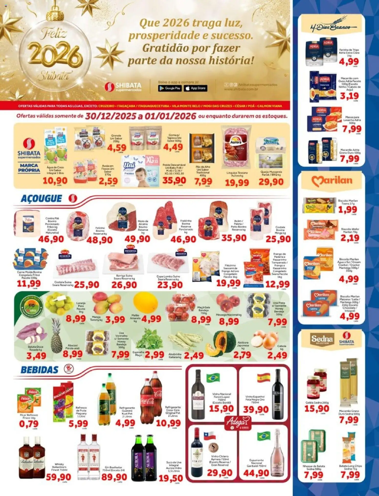 Shibata Folheto - válido de 30.12.2025 | Página: 1 | Produtos: Abobrinha, Água de coco, Vinho, Mussarela