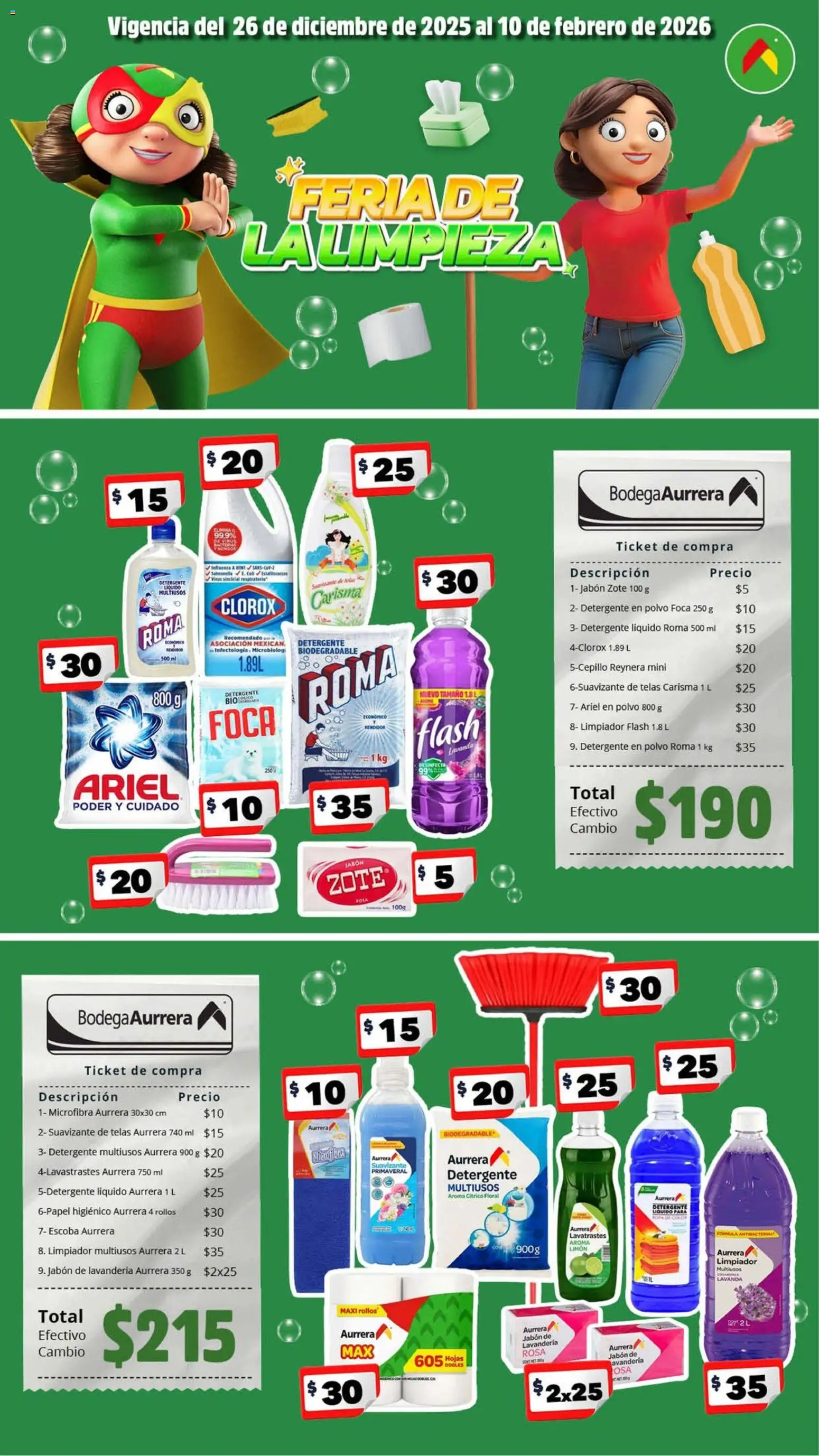 Nuevas ofertas de Bodega Aurrerá válidas en toda la República Mexicana desde el 26.12.2025. ¡Encuentra las mejores ofertas en Bodega Aurrerá folleto Feria de la limpieza! | Página: 1 | Productos: Limón, Escoba, Suavizante, Limpiador