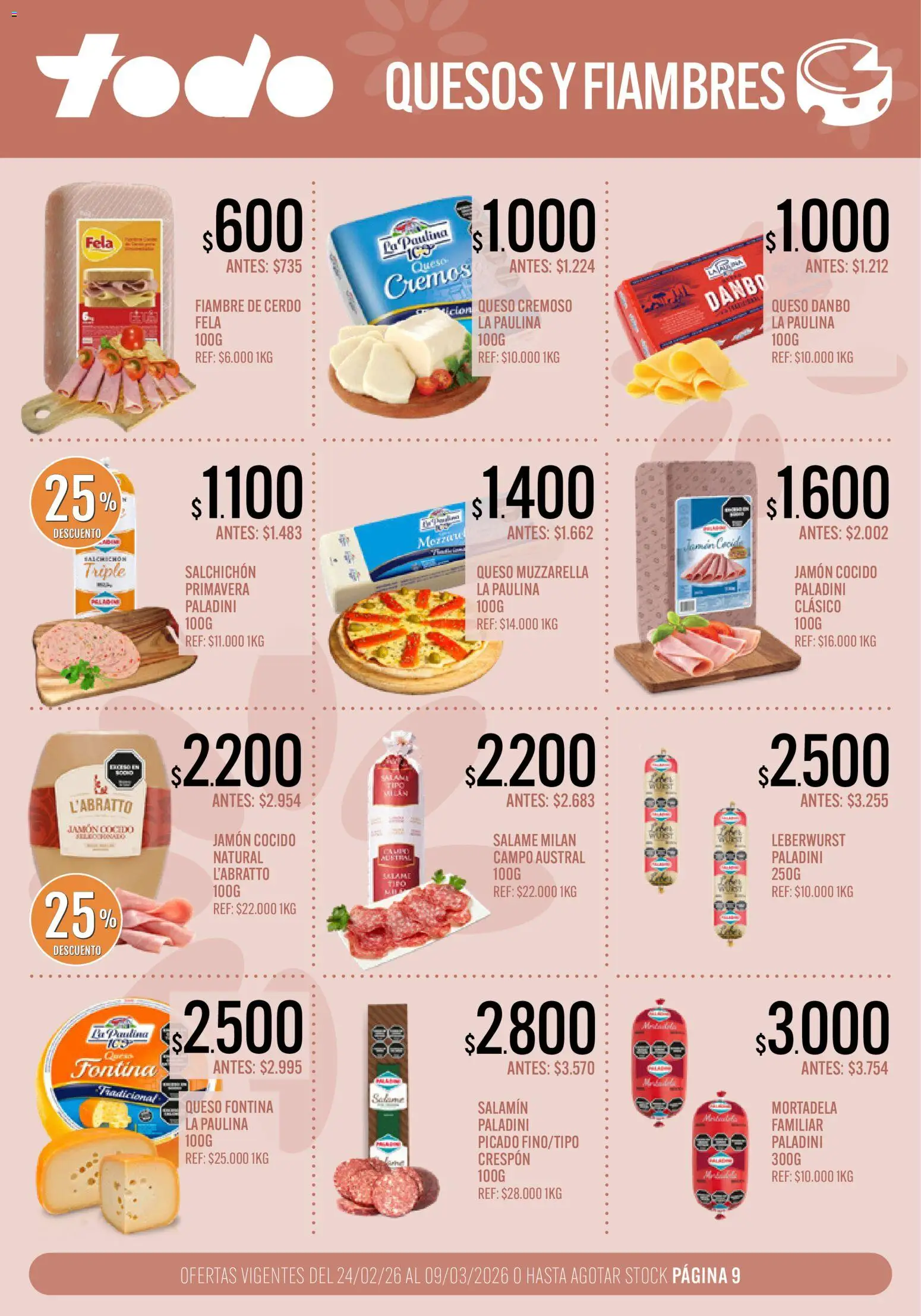 Supermercados TODO - Ofertas │ válido desde el 24.02.2026 | Página: 9 | Productos: Mortadela, Muzzarella, Queso, Salami