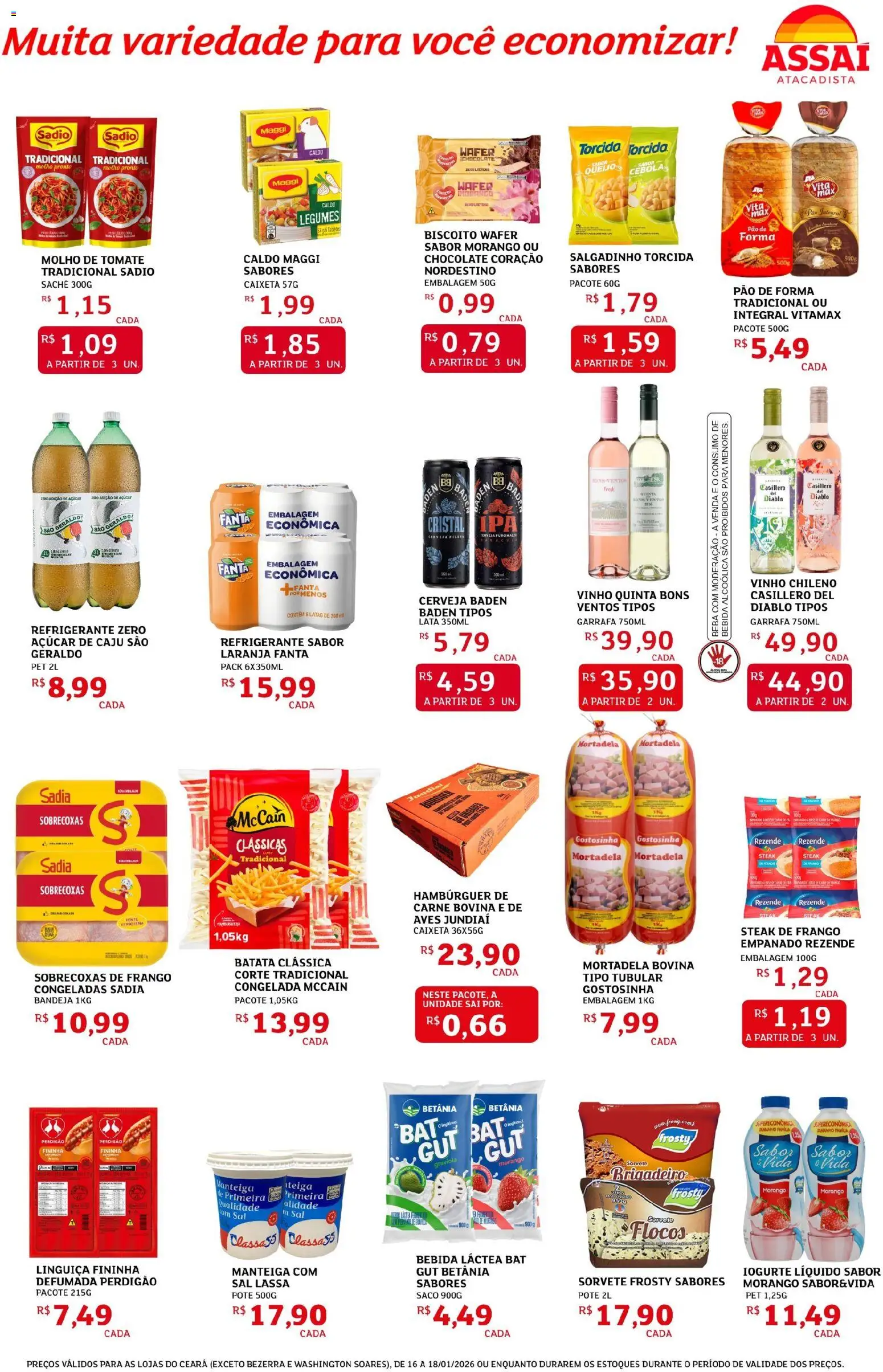 Assaí Atacadista Folheto - válido de 16.01.2026 | Página: 2 | Produtos: Biscoito, Queijo, Carne, Pão de forma