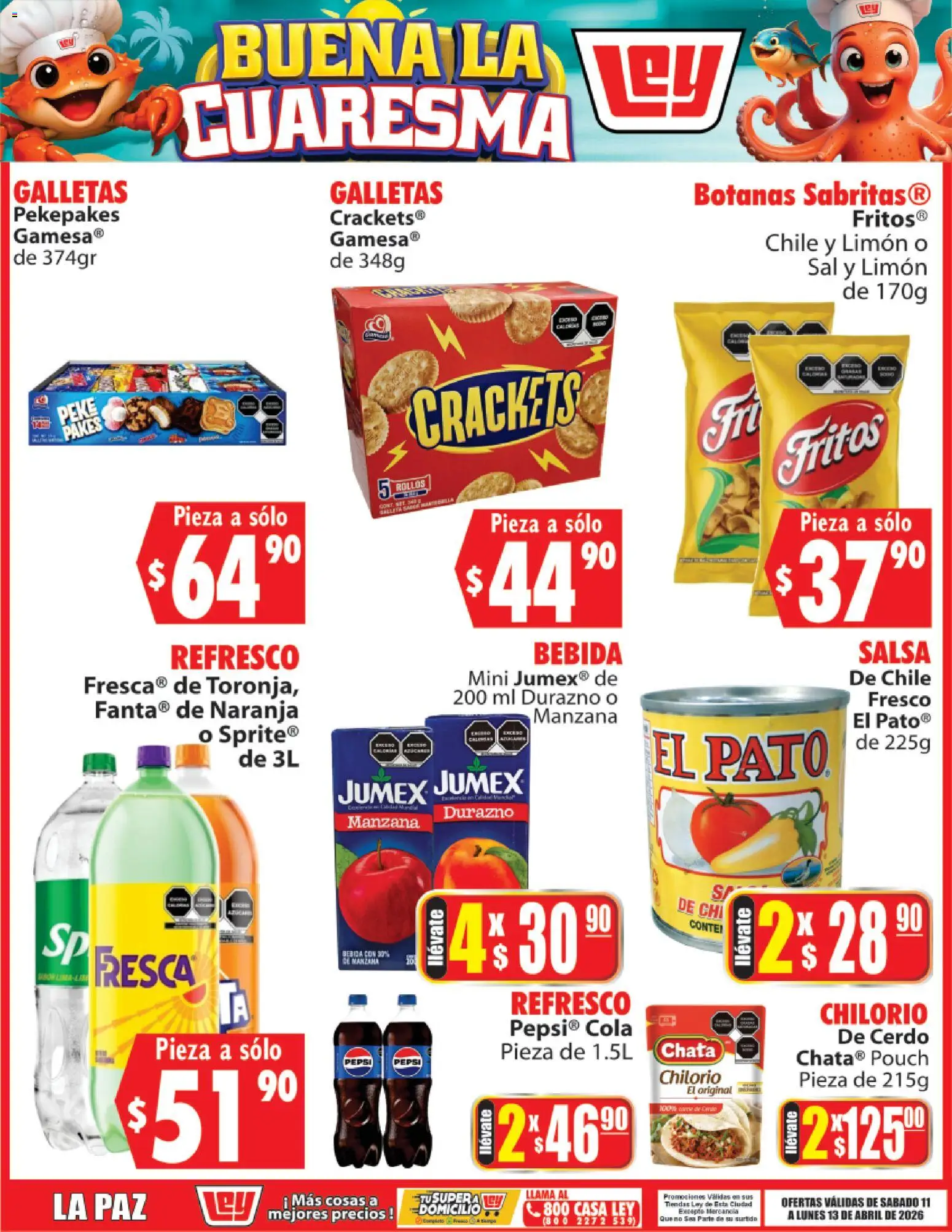 Nuevas ofertas de Casa Ley válidas en toda la República Mexicana desde el 11.04.2026. ¡Encuentra las mejores ofertas en Casa Ley folleto Buena la Cuaresma La Paz! | Página: 3 | Productos: Refresco, Manzana, Limón, Galletas