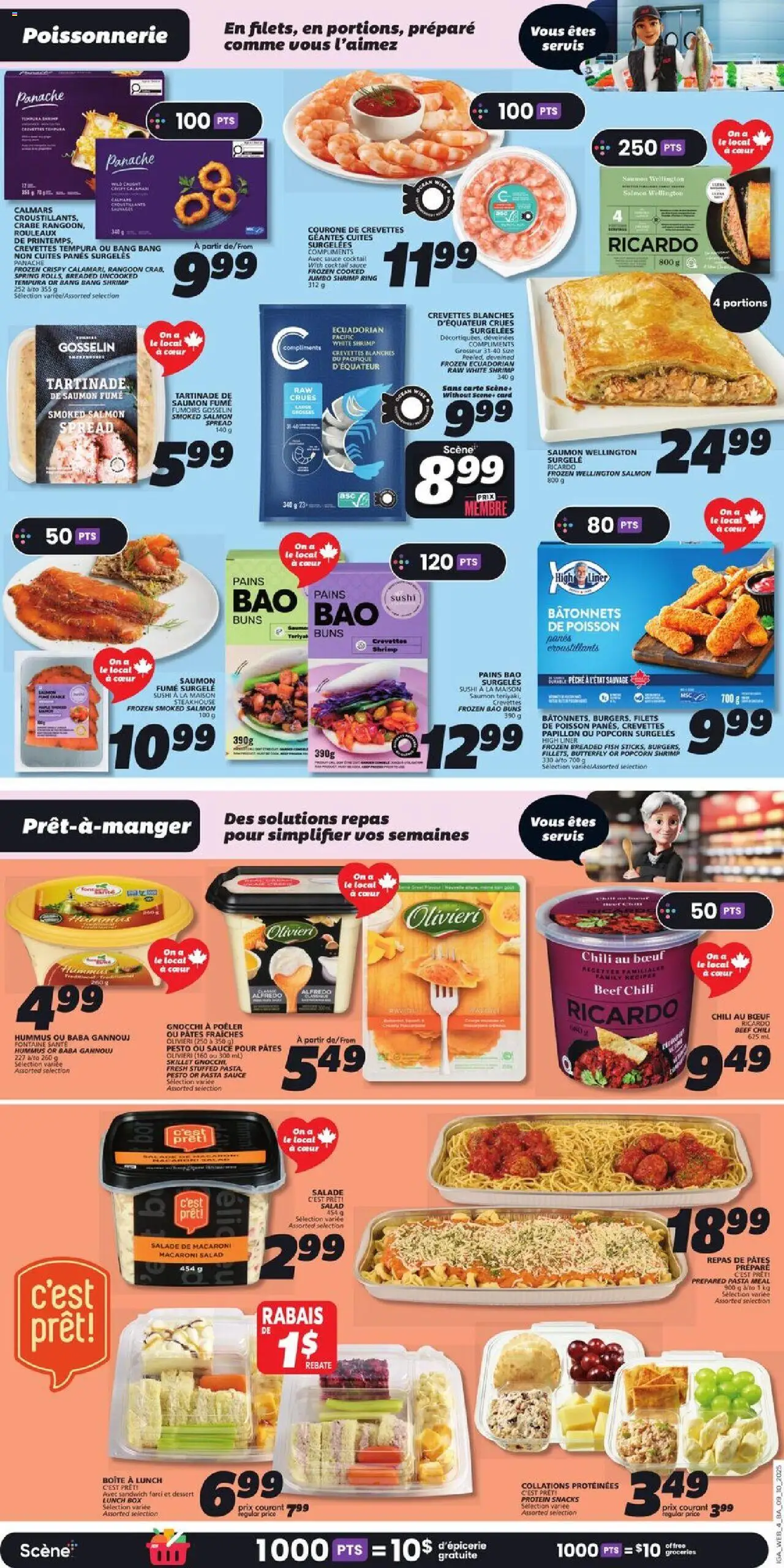 IGA flyer valid from 09.10.2025 | Page: 8 | Products: Fish, Pasta, Salad, Box