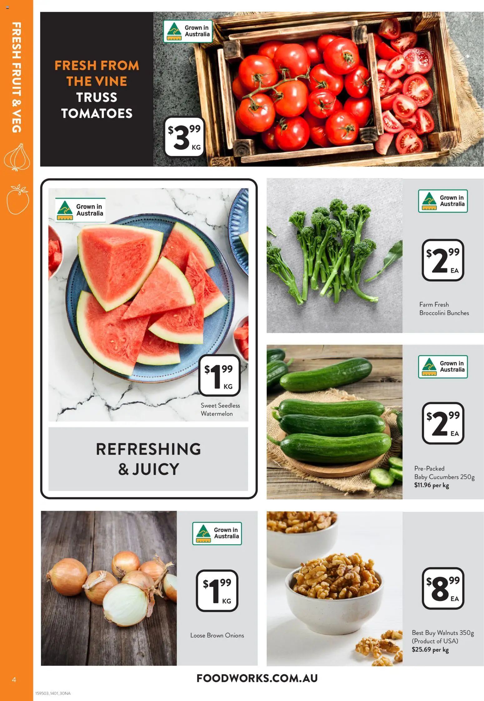 Foodworks catalogue - valid from 13.01.2026 | Page: 4 | Products: Tomatoes, Cucumbers, Onions, Watermelon