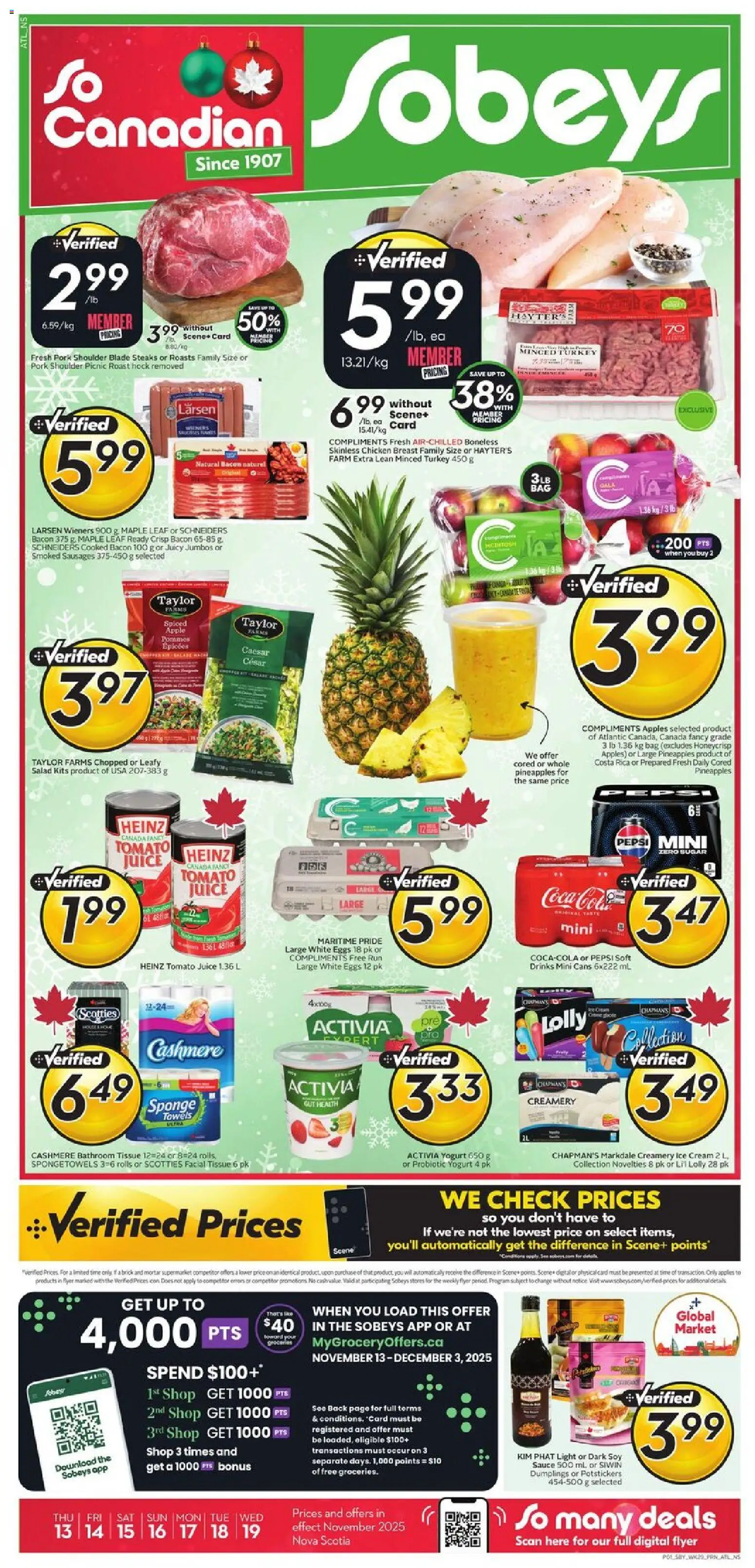 Sobeys flyer valid from 13.11.2025 | Page: 1 | Products: Ice cream, Turkey, Bag, Sponge