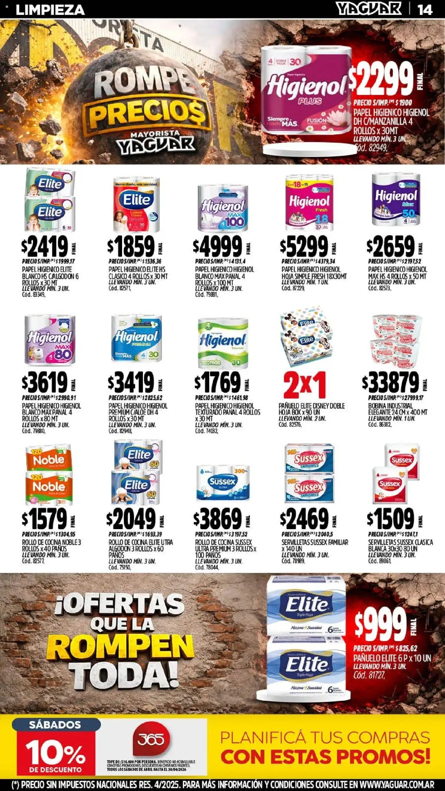 Yaguar - Oferta Semanal Misiones │ válido desde el 13.04.2026 | Página: 14 | Productos: Papel higiénico, Algodón, Servilletas, Huevo