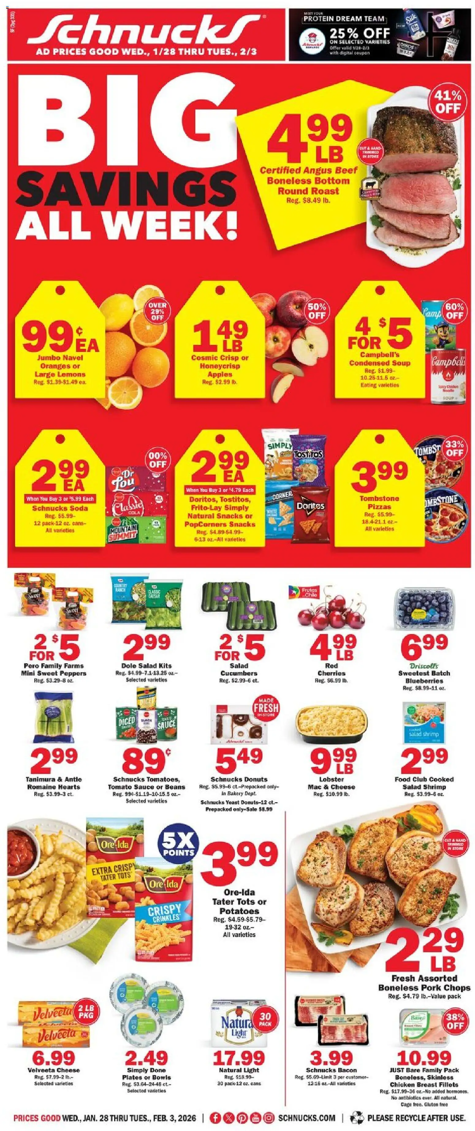 Schnucks Ad - valid from 28.01.2026 | Page: 1 | Products: Cherries, Cheese, Beef, Blueberries