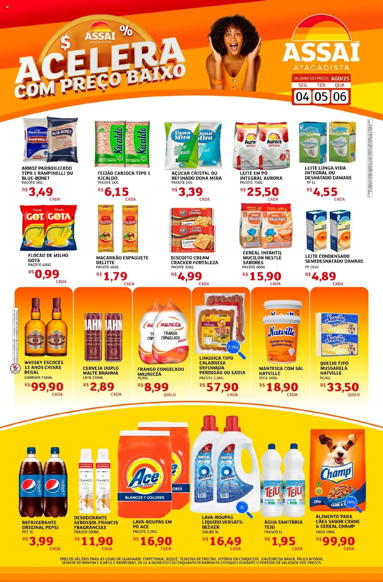 Assaí Atacadista Folheto - válido de 04.08.2025 | Página: 1 | Produtos: Arroz, Bebida, Mucilon, Água sanitária