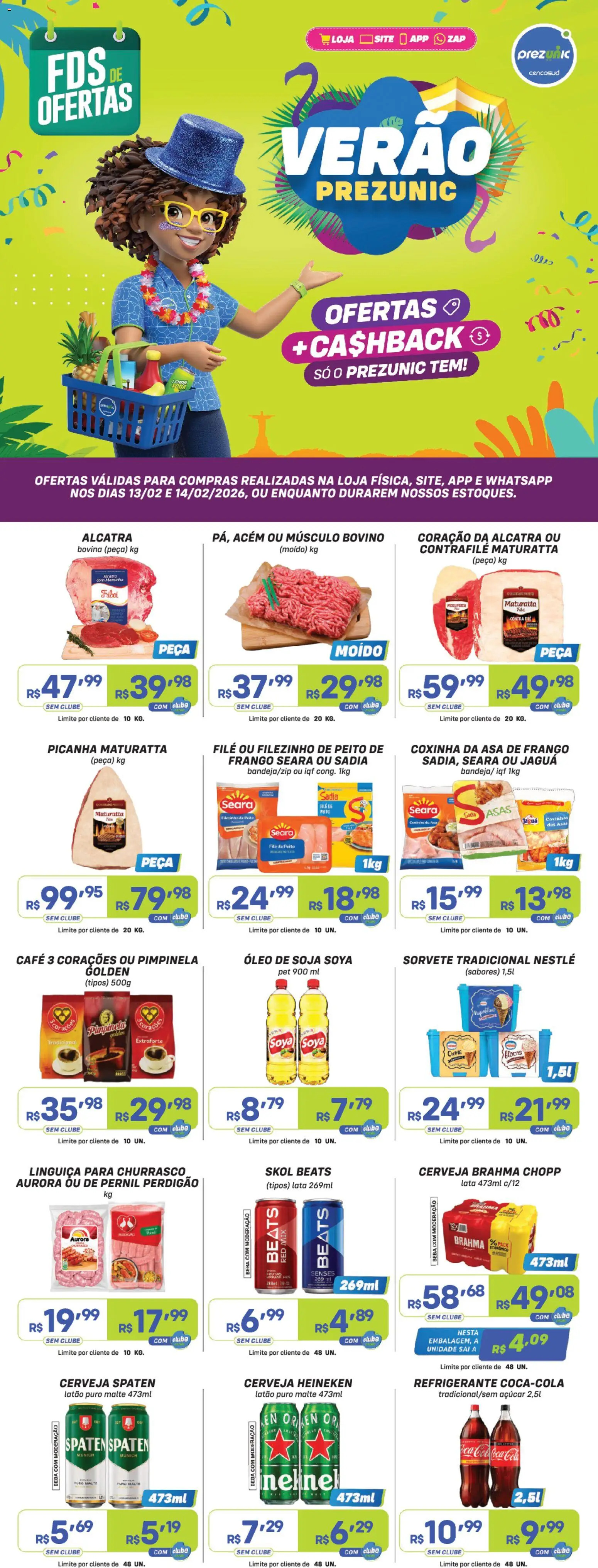 Prezunic Folheto - válido de 13.02.2026 | Página: 1 | Produtos: Alcatra, Óleo, Cerveja, Açúcar