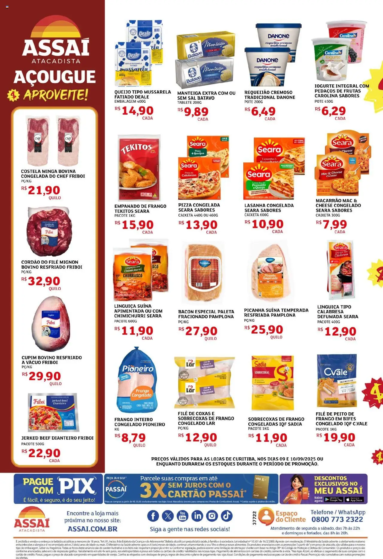 Assaí Atacadista Folheto - válido de 09.09.2025 | Página: 2 | Produtos: Linguiça, Pizza, Carne, Telefone
