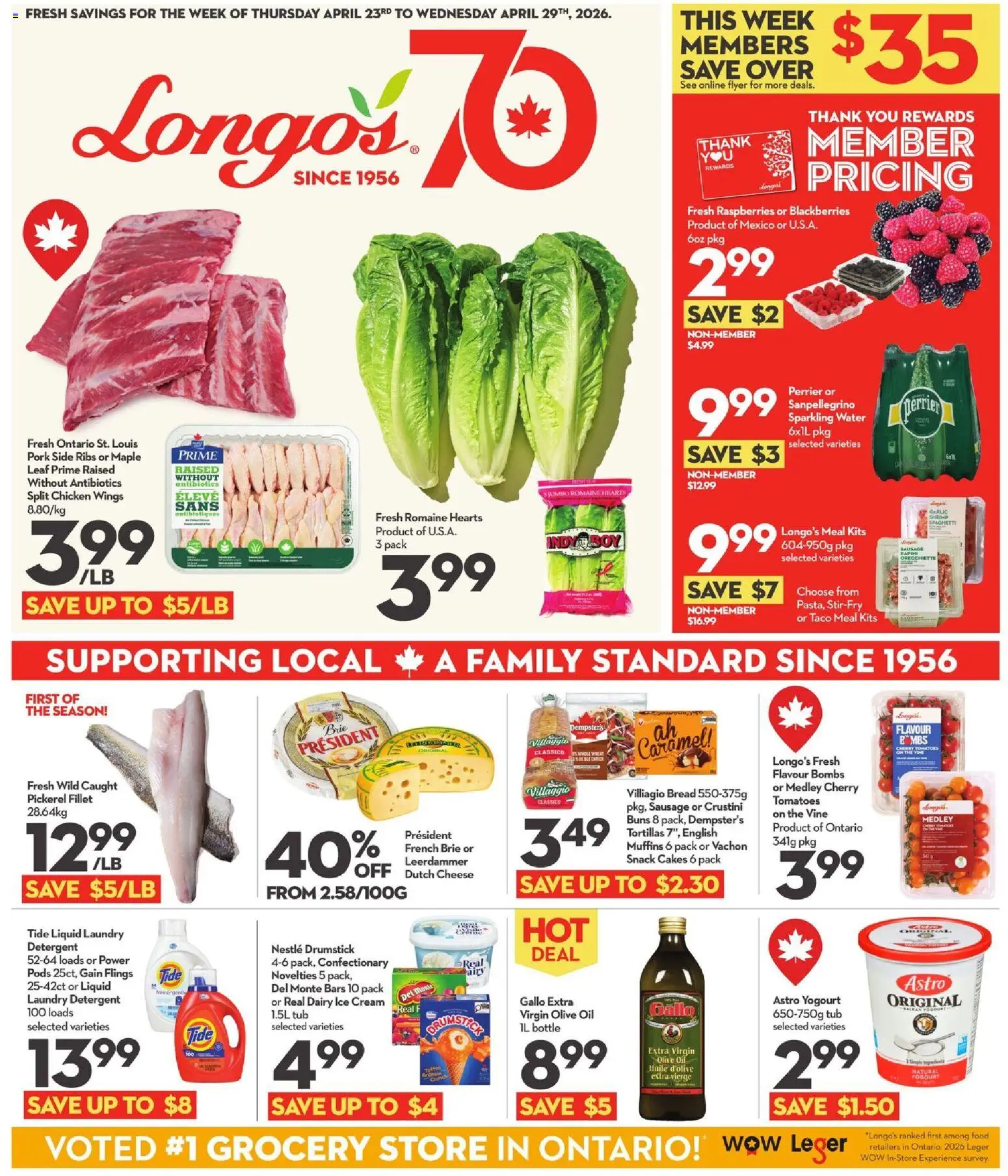 Longo's flyer valid from 23.04.2026 | Page: 1 | Products: Detergent, Oil, Chicken, Tomatoes