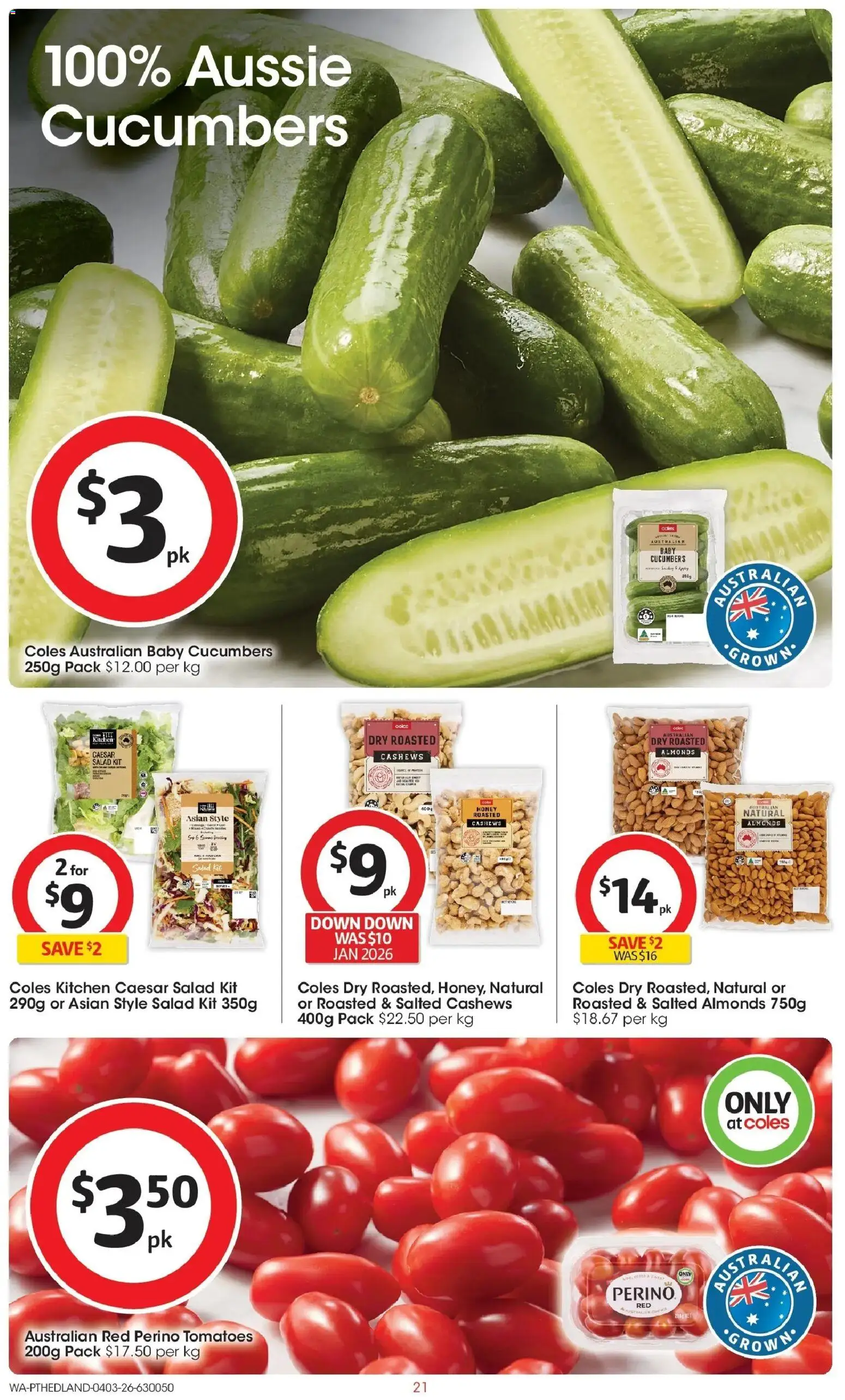 Coles catalogue - valid from 04.03.2026 | Page: 21 | Products: Almonds, Tomatoes, Cucumbers, Salad