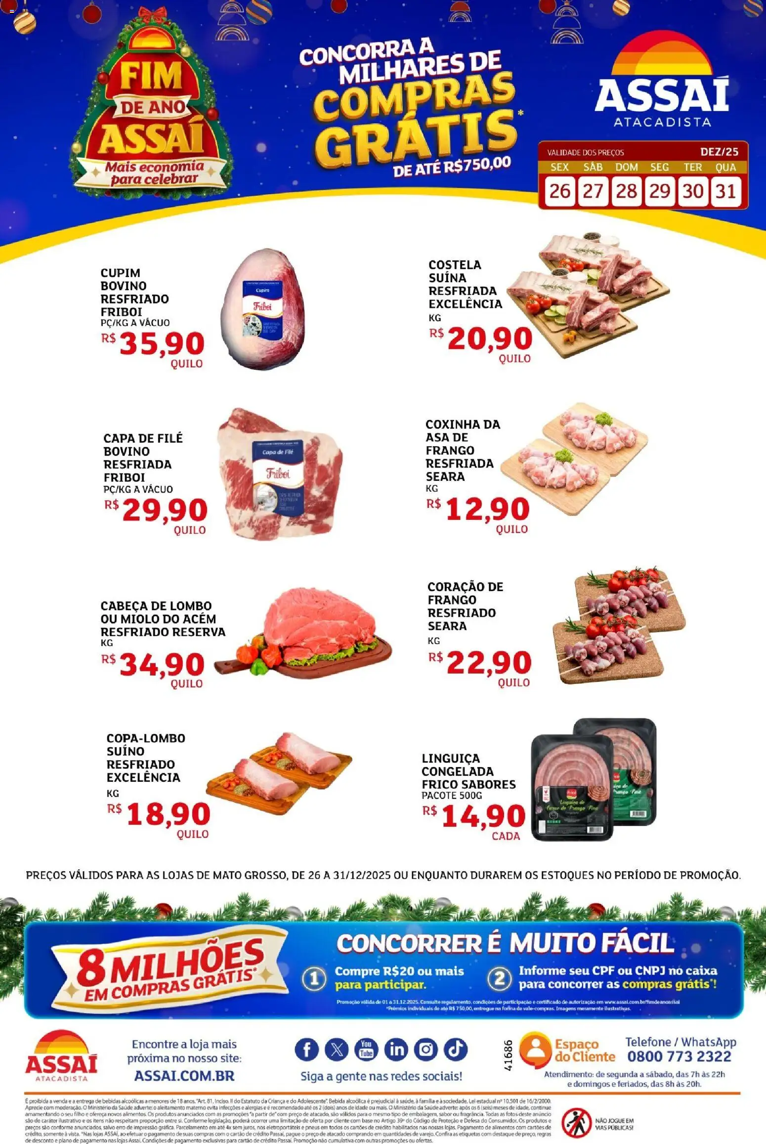 Assaí Atacadista Folheto - válido de 26.12.2025 | Página: 1 | Produtos: Linguiça, Acém, Base, Telefone