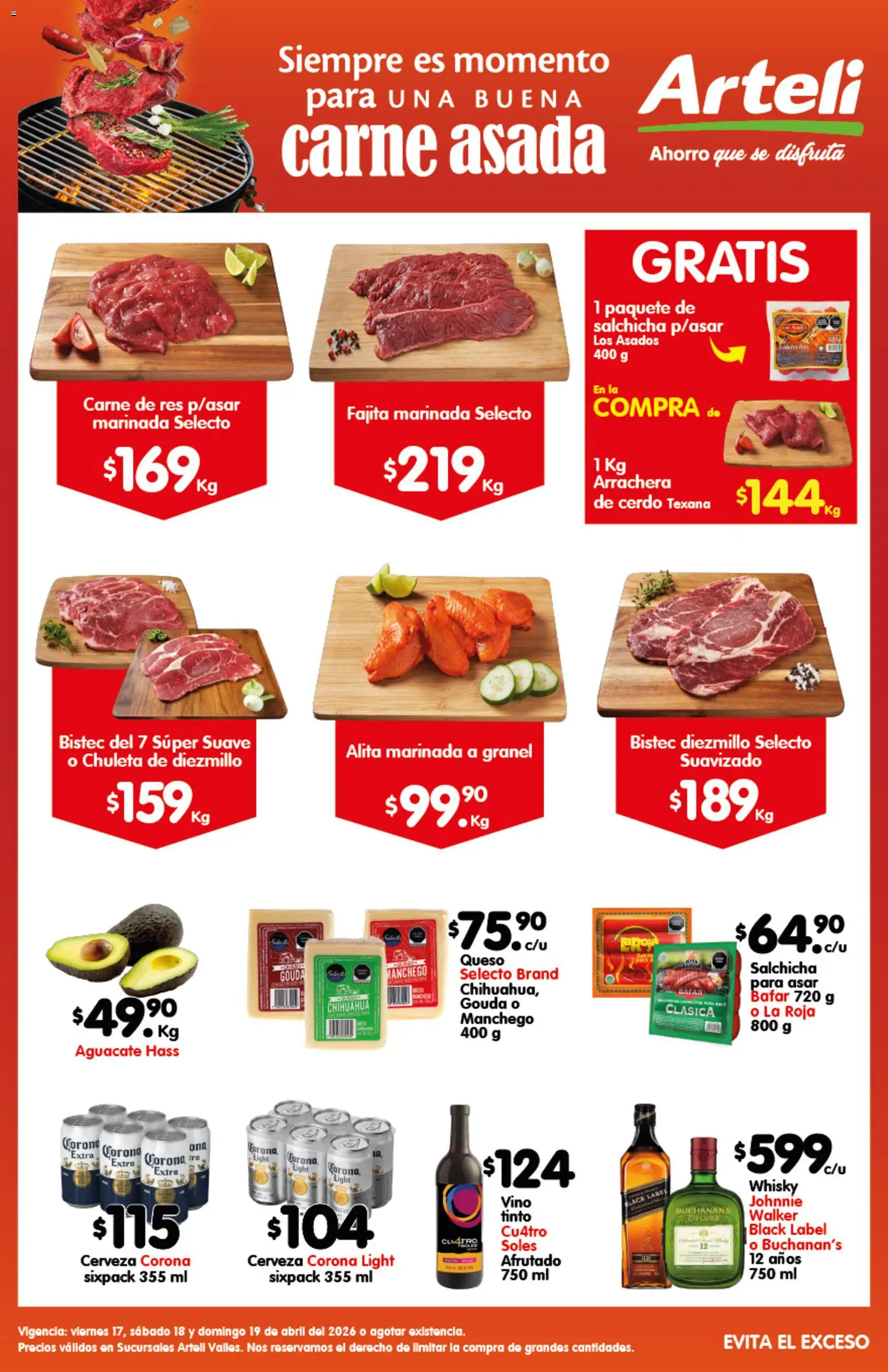 Nuevas ofertas de Arteli válidas en toda la República Mexicana desde el 17.04.2026. ¡Encuentra las mejores ofertas en Arteli folleto Carne Valles! | Página: 1 | Productos: Salchicha, Queso, Aguacate, Whisky