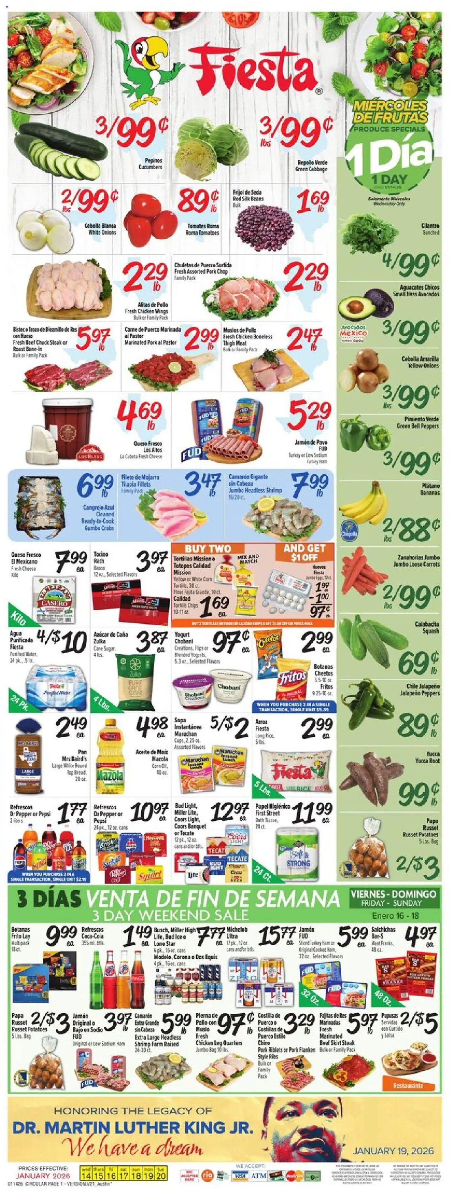 Fiesta Mart Weekly Ad - valid from 14.01.2026 | Page: 1 | Products: Peppers, Oil, Beef, Potatoes