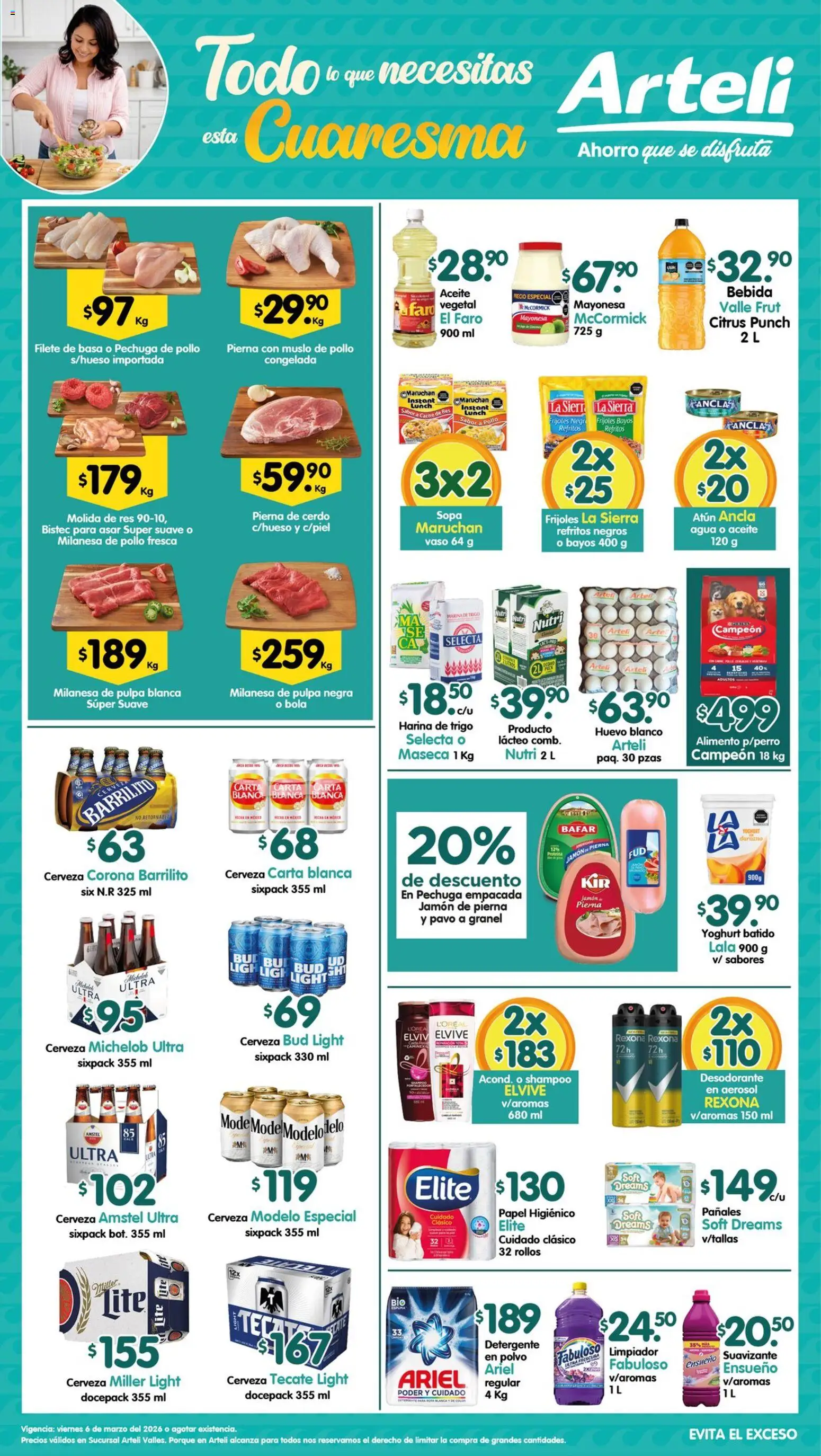 Nuevas ofertas de Arteli válidas en toda la República Mexicana desde el 06.03.2026. ¡Encuentra las mejores ofertas en Arteli folleto Valles! | Página: 1 | Productos: Detergente, Harina, Cerdo, Res