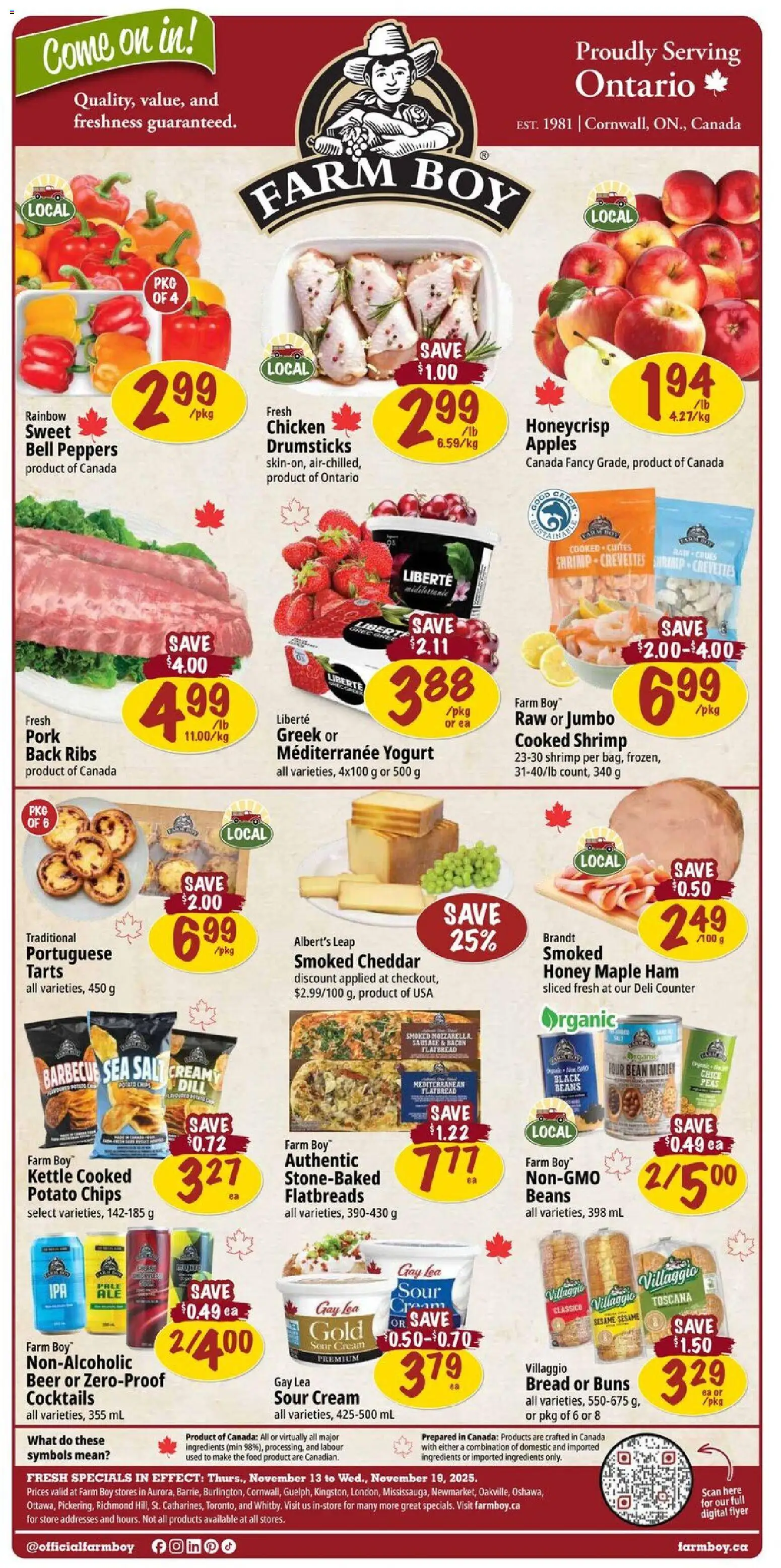 Farm Boy flyer valid from 13.11.2025 | Page: 1 | Products: Sour cream, Bread, Chicken, Apples