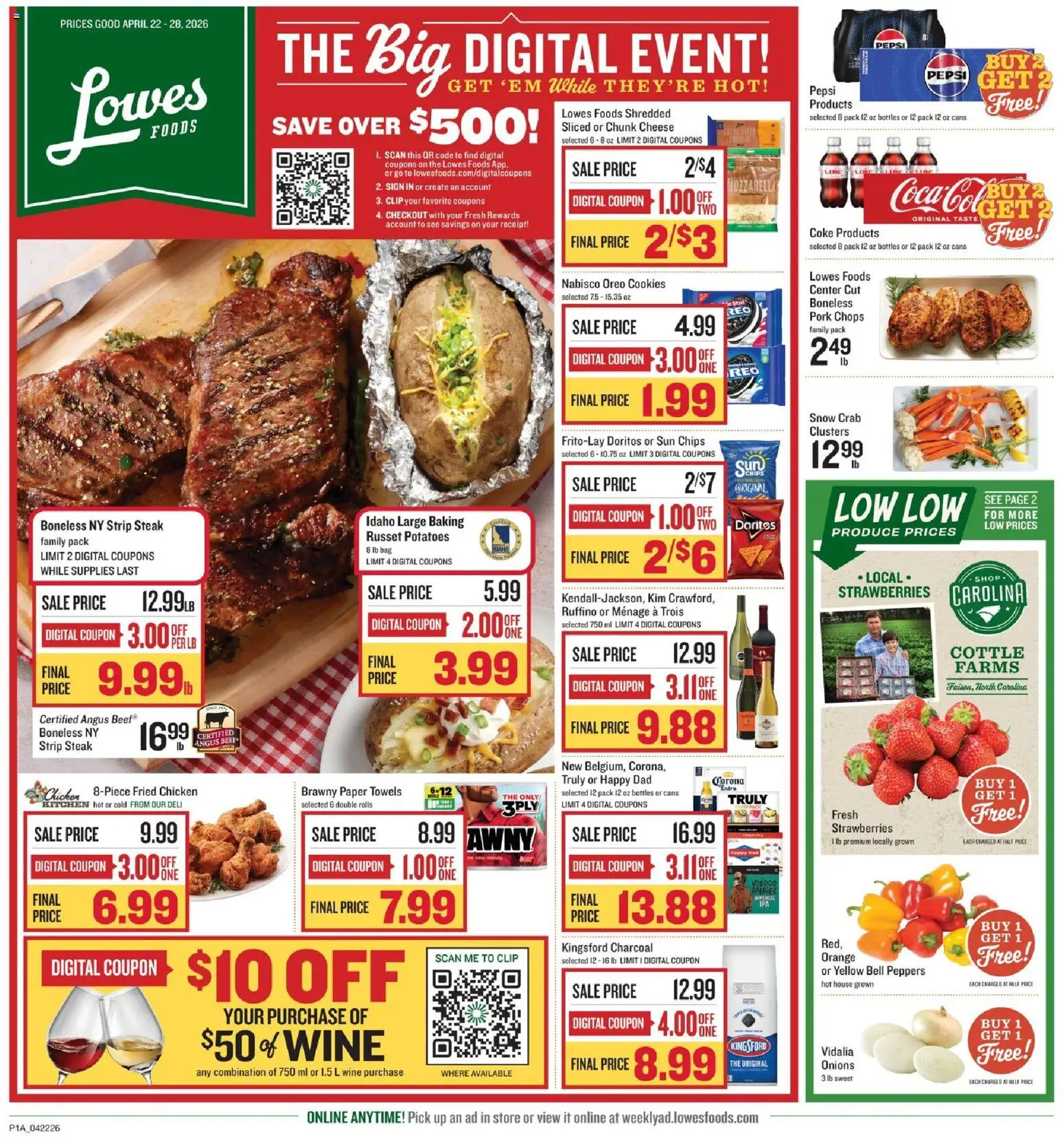 Lowes Foods Weekly Ad - valid from 22.04.2026 | Page: 1 | Products: Clip, Cheese, Beef, Strawberries