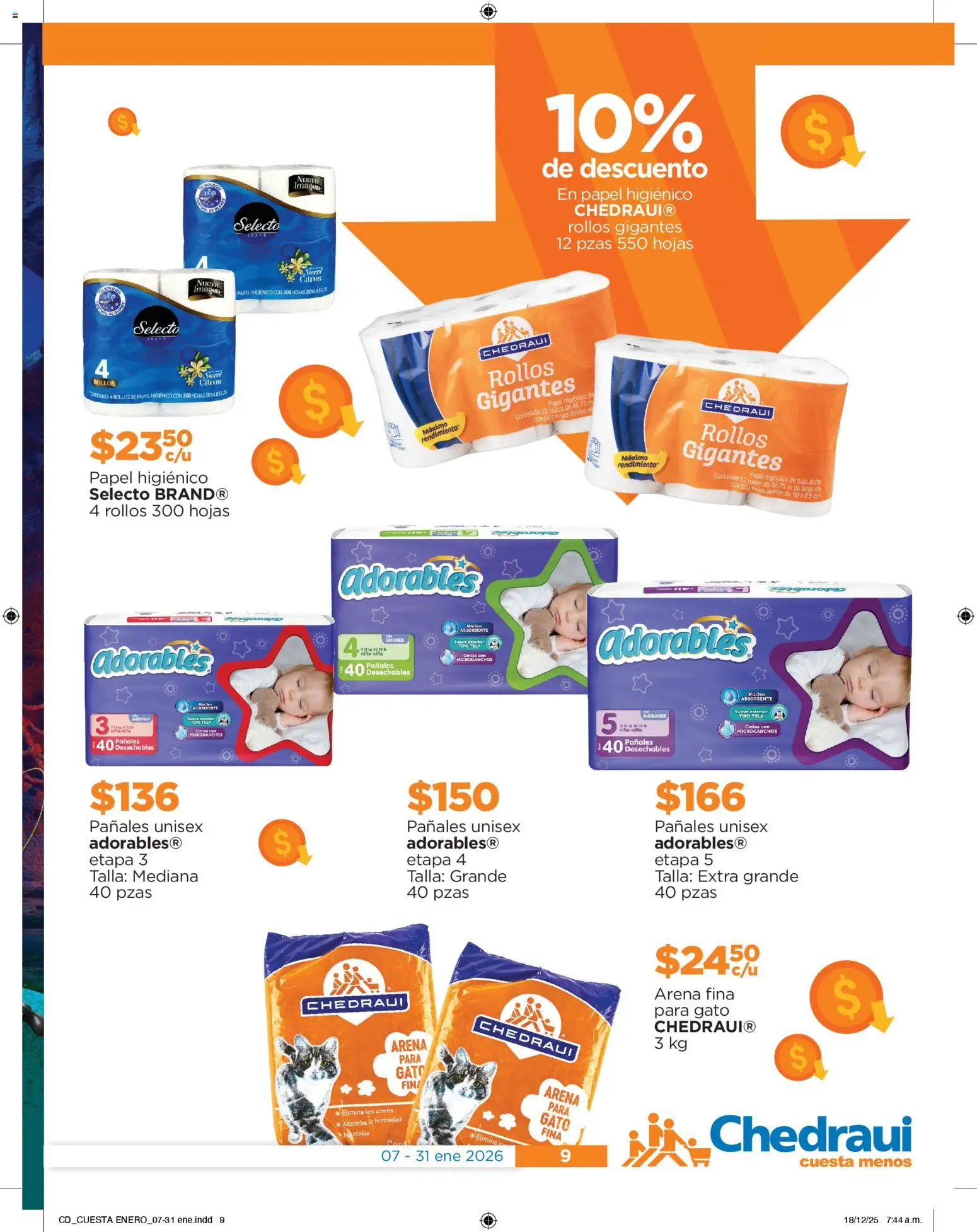 Nuevas ofertas de Chedraui válidas en toda la República Mexicana desde el 07.01.2026. ¡Encuentra las mejores ofertas en Chedraui folleto Cuesta menos llevarte más! | Página: 9 | Productos: Pañales, Papel higiénico