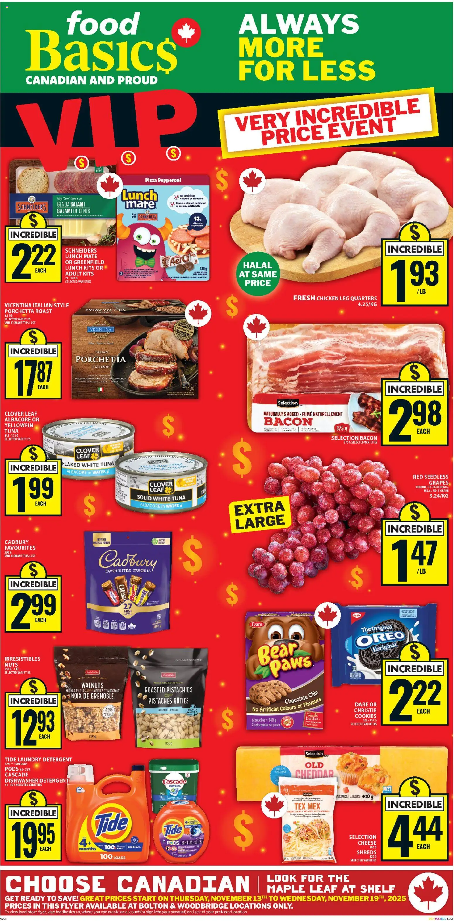 Food Basics flyer valid from 13.11.2025 | Page: 1 | Products: Dishwasher, Detergent, Chocolate, Salami