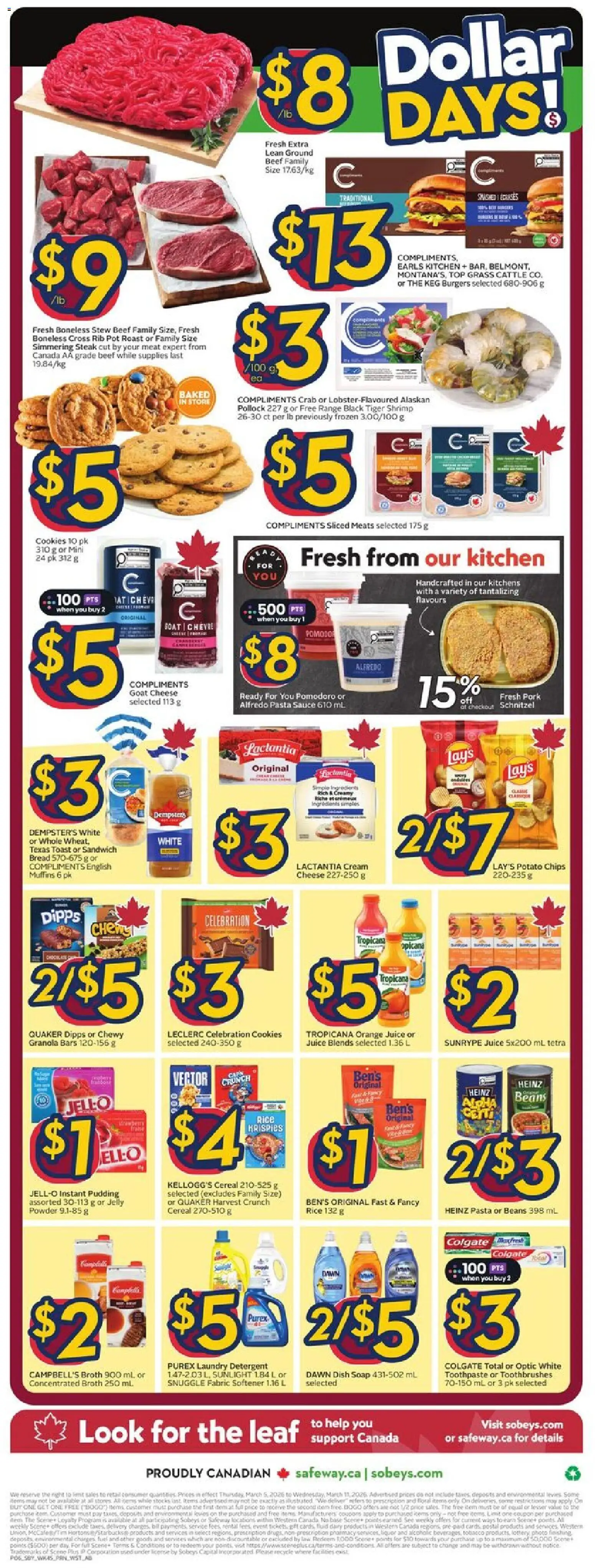 Safeway flyer valid from 05.03.2026 | Page: 4 | Products: Beef, Powder, Cheese, Bread