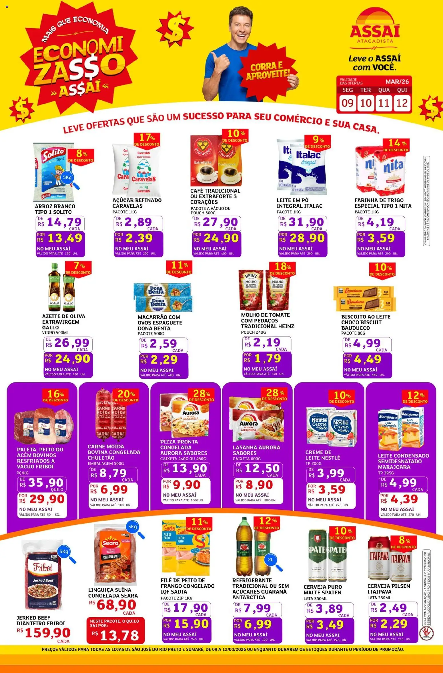 Assaí Atacadista Folheto - válido de 09.03.2026 | Página: 1 | Produtos: Biscoito, Linguiça, Acém, Leite