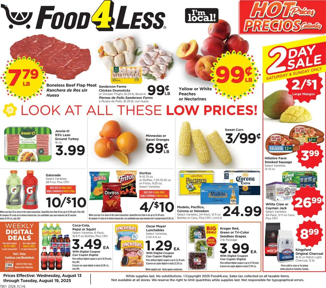 Food 4 Less Weekly Ad - valid from 13.08.2025 | Page: 1 | Products: Peaches, Ham, Beef, Sausage
