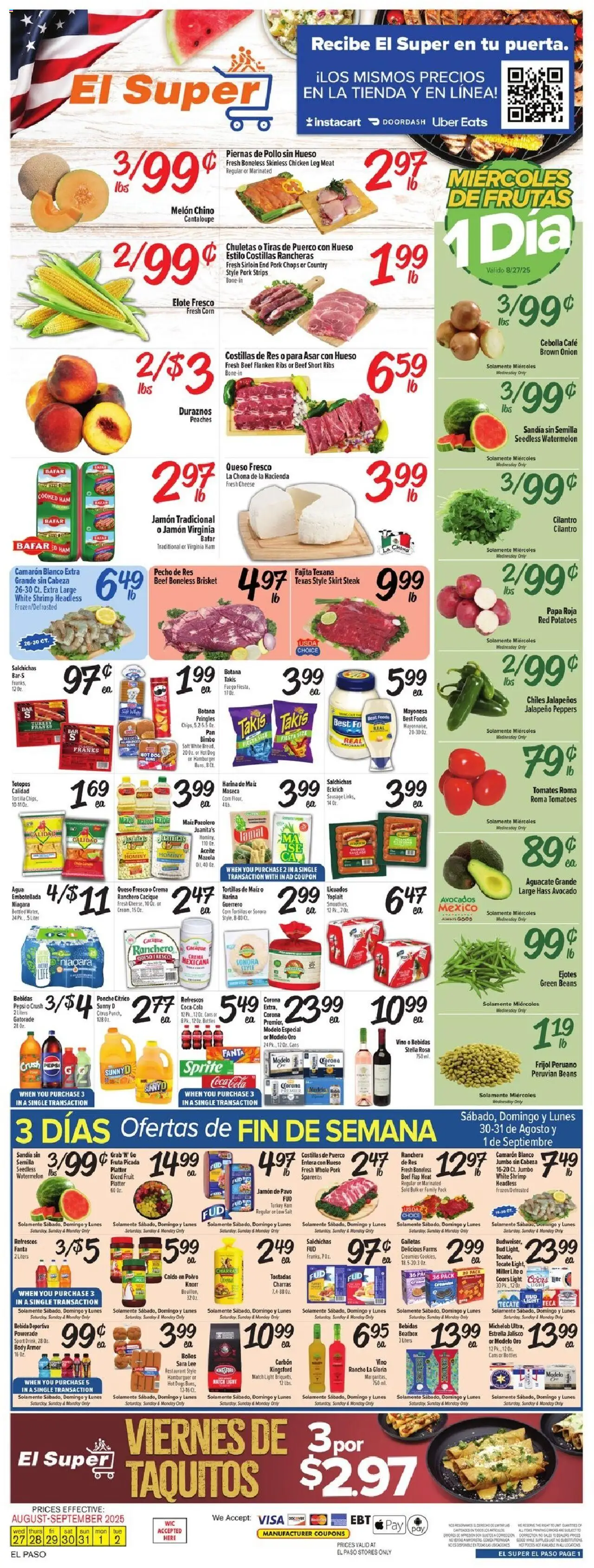 El Super Weekly Ad - TX - valid from 27.08.2025 | Page: 1 | Products: Corn, Pork, Beef, Avocado